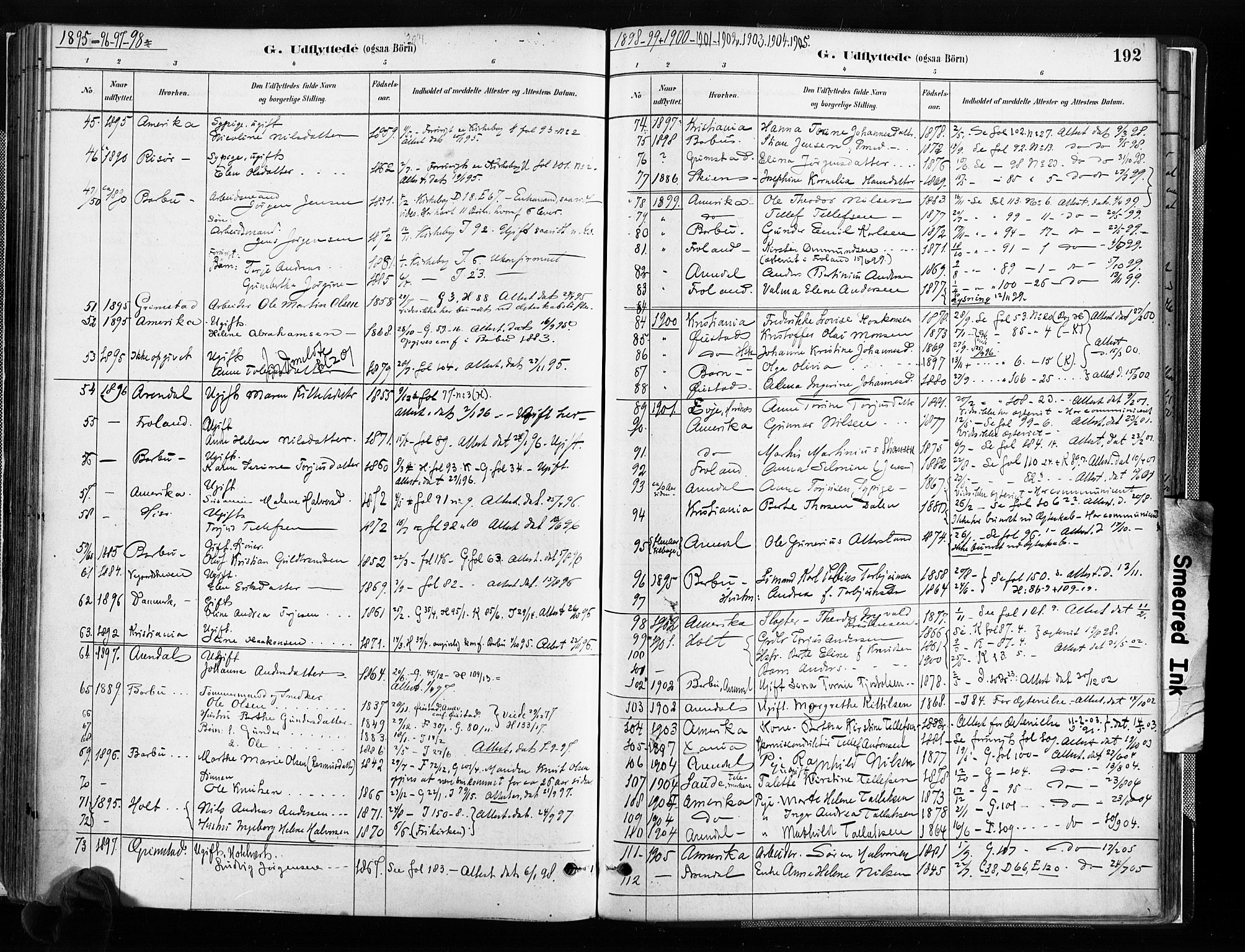 Austre Moland sokneprestkontor, SAK/1111-0001/F/Fa/Faa/L0010: Parish register (official) no. A 10, 1880-1904, p. 192