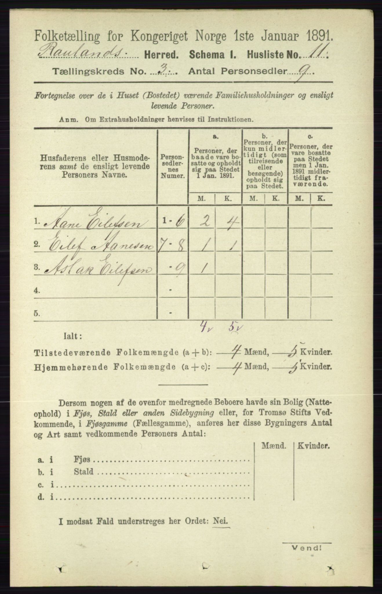 RA, 1891 census for 0835 Rauland, 1891, p. 747