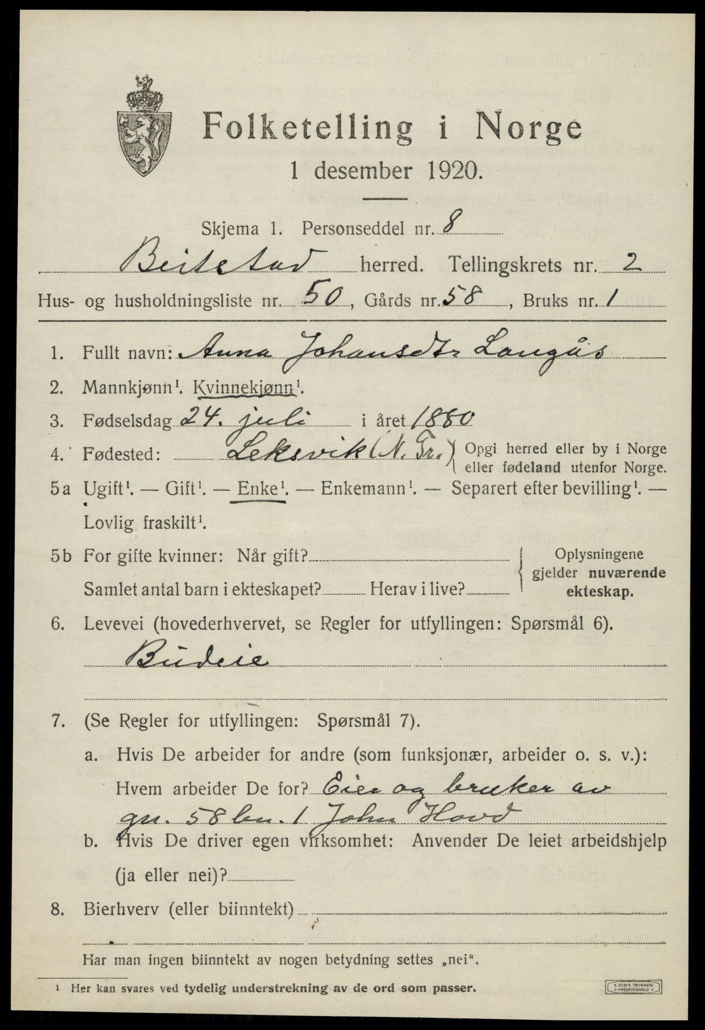 SAT, 1920 census for Beitstad, 1920, p. 2047