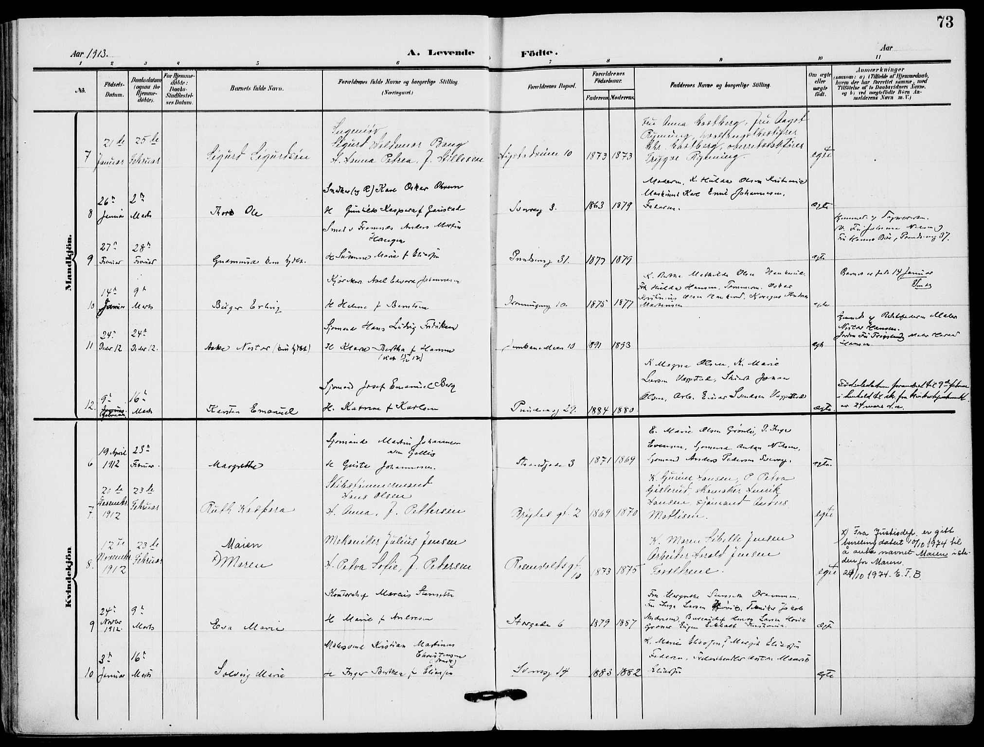 Sandefjord kirkebøker, AV/SAKO-A-315/F/Fa/L0005: Parish register (official) no. 5, 1906-1915, p. 73