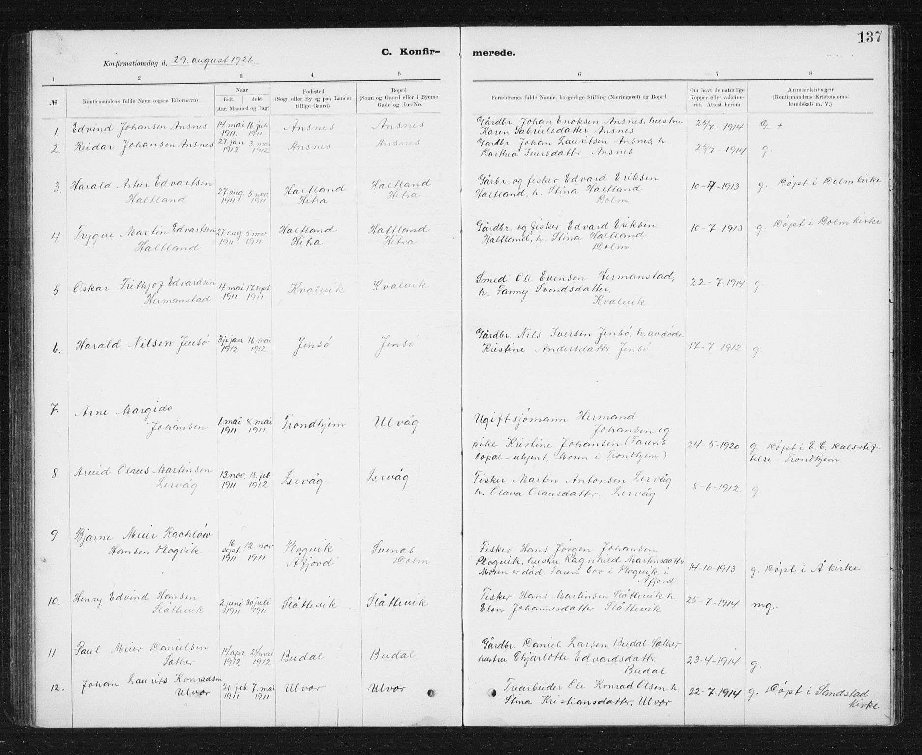 Ministerialprotokoller, klokkerbøker og fødselsregistre - Sør-Trøndelag, SAT/A-1456/637/L0563: Parish register (copy) no. 637C04, 1899-1940, p. 137