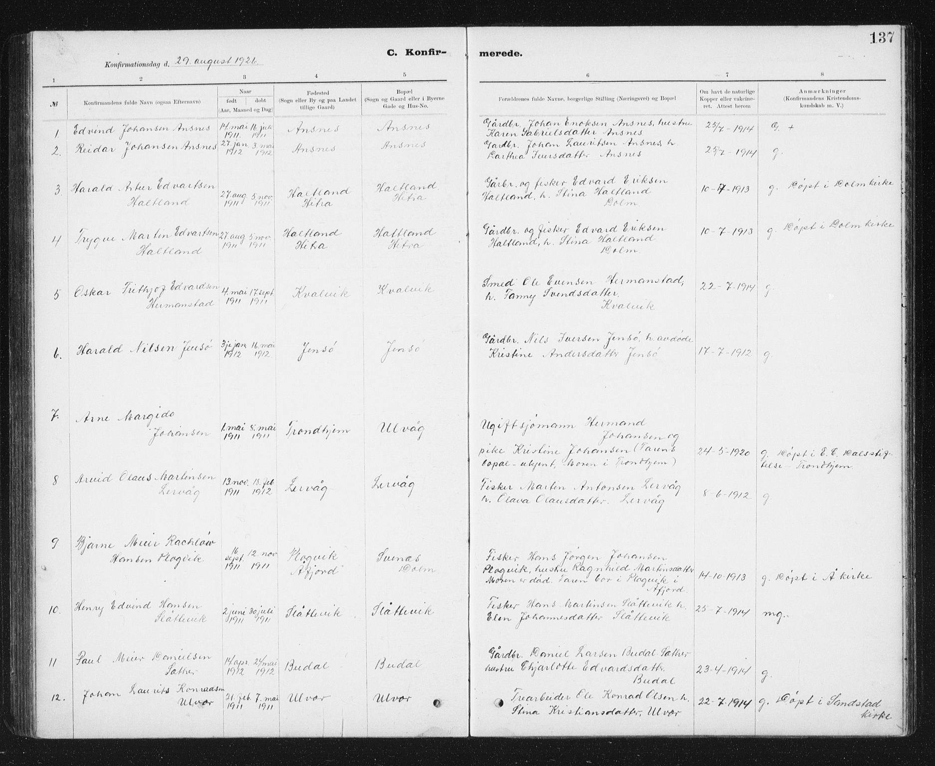 Ministerialprotokoller, klokkerbøker og fødselsregistre - Sør-Trøndelag, AV/SAT-A-1456/637/L0563: Parish register (copy) no. 637C04, 1899-1940, p. 137