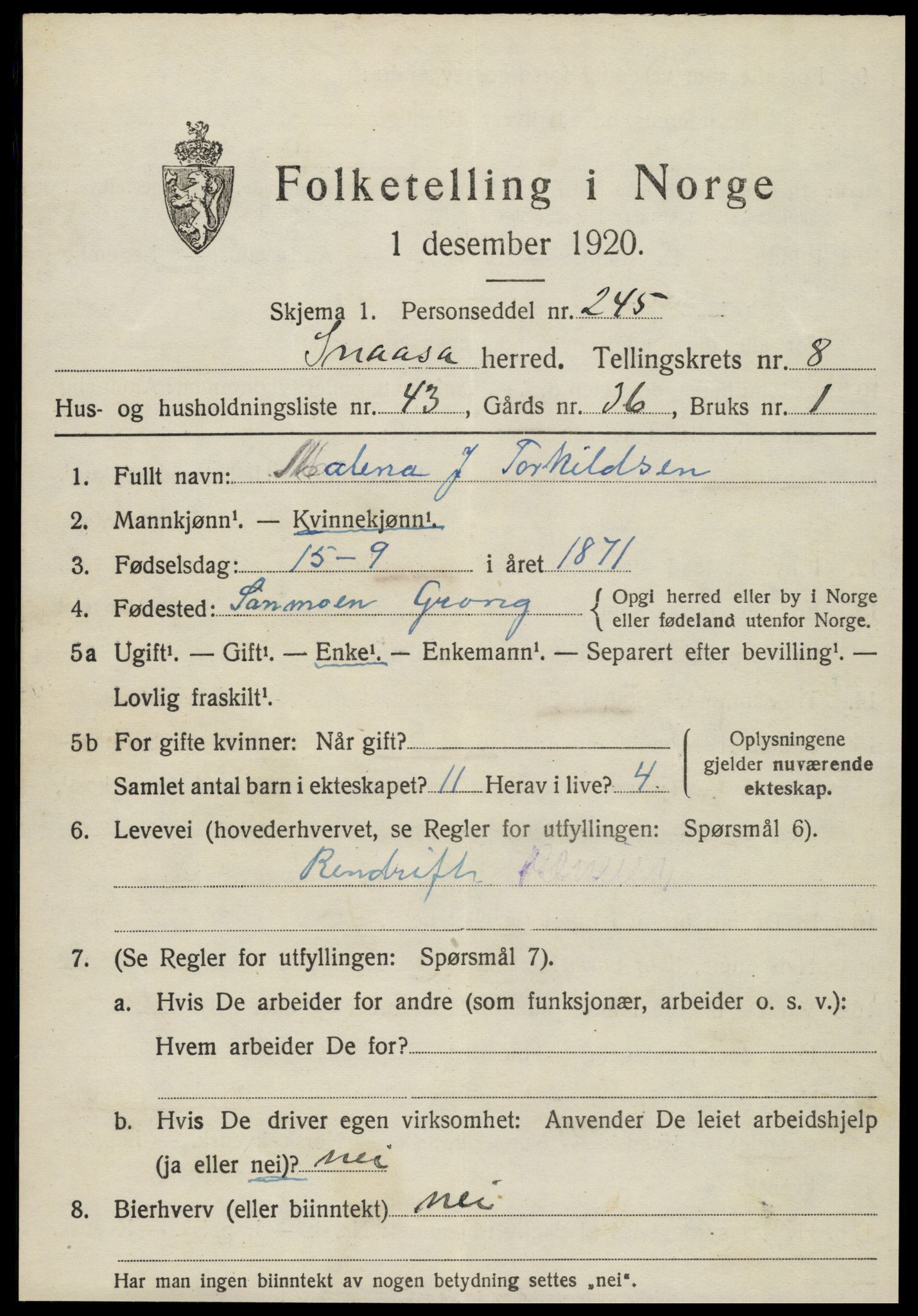 SAT, 1920 census for Snåsa, 1920, p. 3662