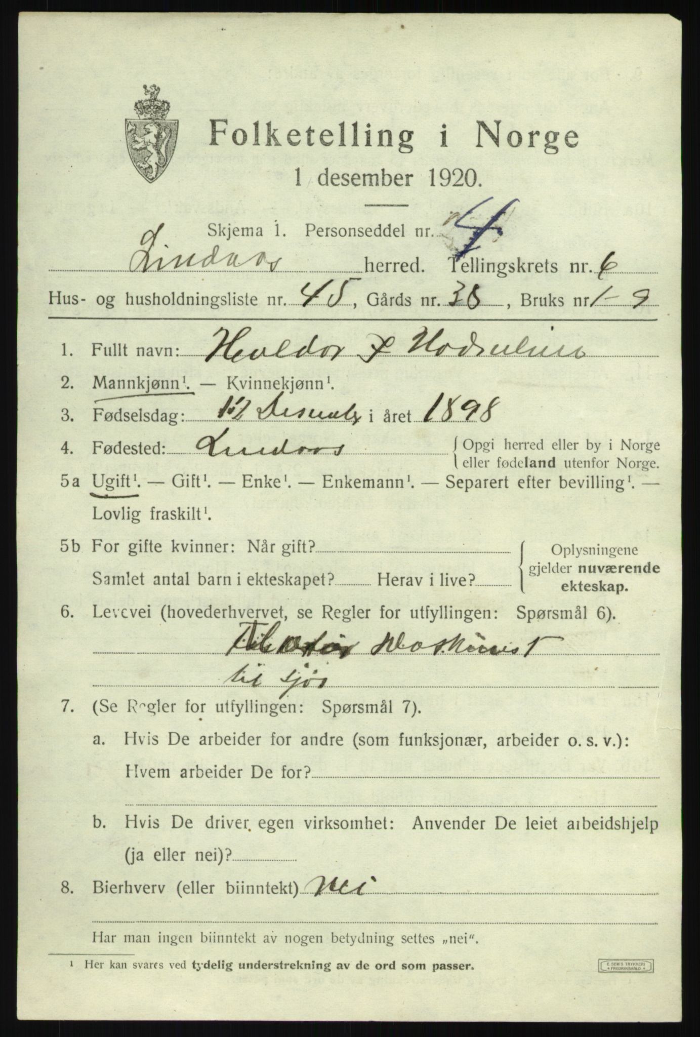 SAB, 1920 census for Lindås, 1920, p. 4025