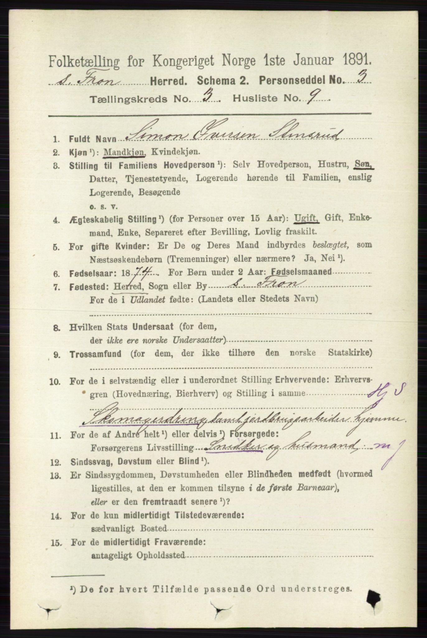 RA, 1891 census for 0519 Sør-Fron, 1891, p. 1012