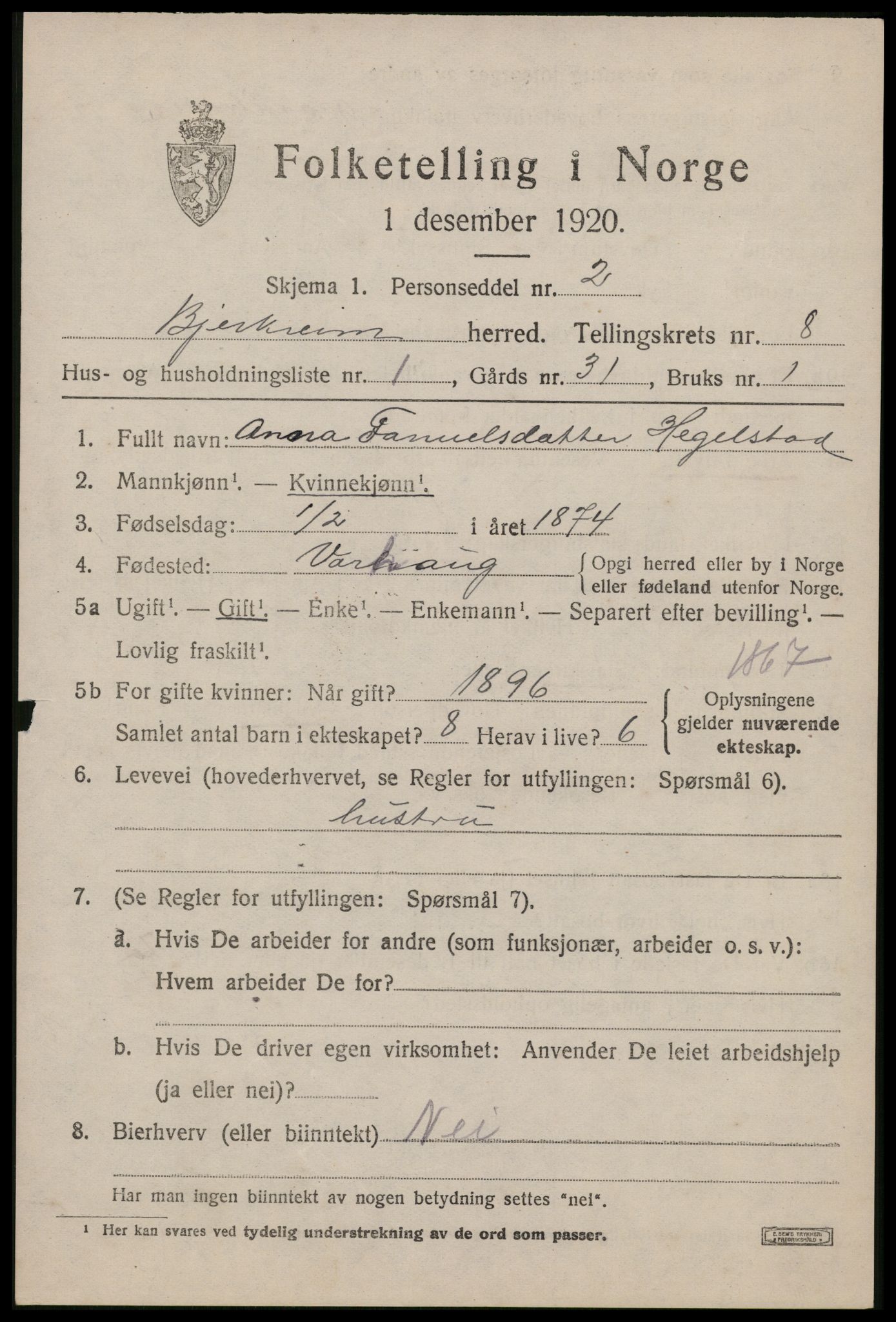 SAST, 1920 census for Bjerkreim, 1920, p. 2586