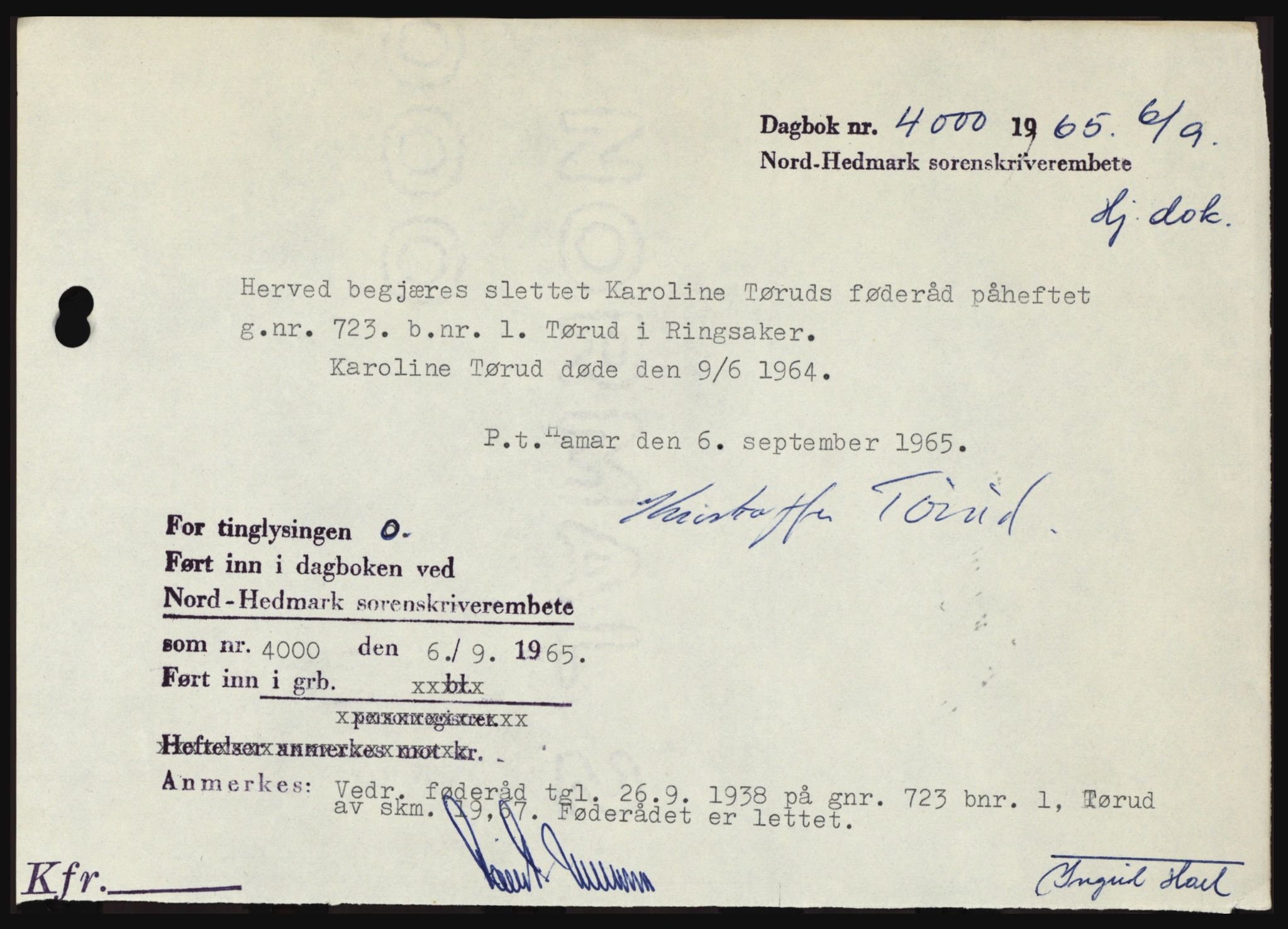 Nord-Hedmark sorenskriveri, SAH/TING-012/H/Hc/L0022: Mortgage book no. 22, 1965-1965, Diary no: : 4000/1965