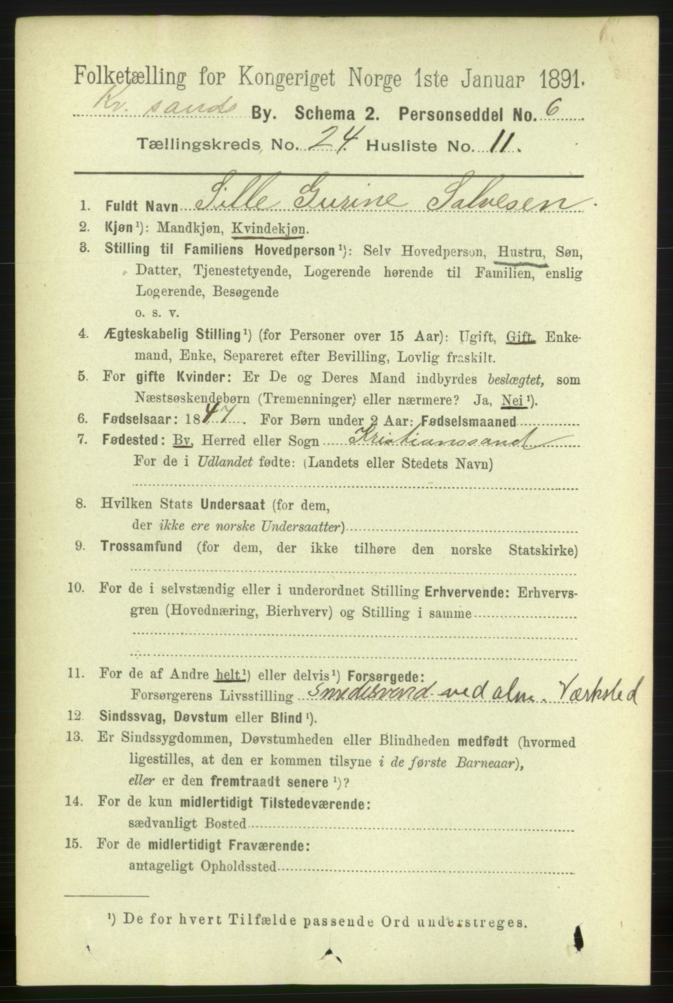 RA, 1891 census for 1001 Kristiansand, 1891, p. 8691