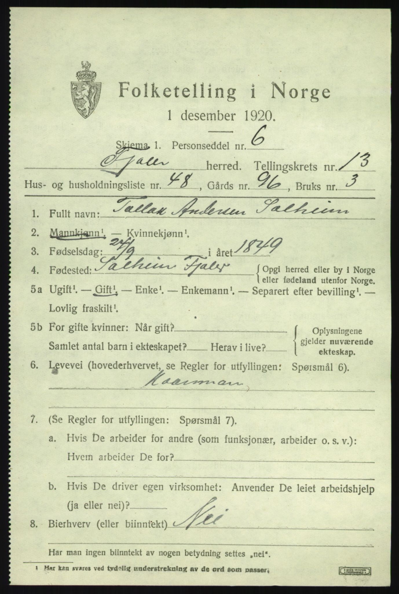 SAB, 1920 census for Fjaler, 1920, p. 7805