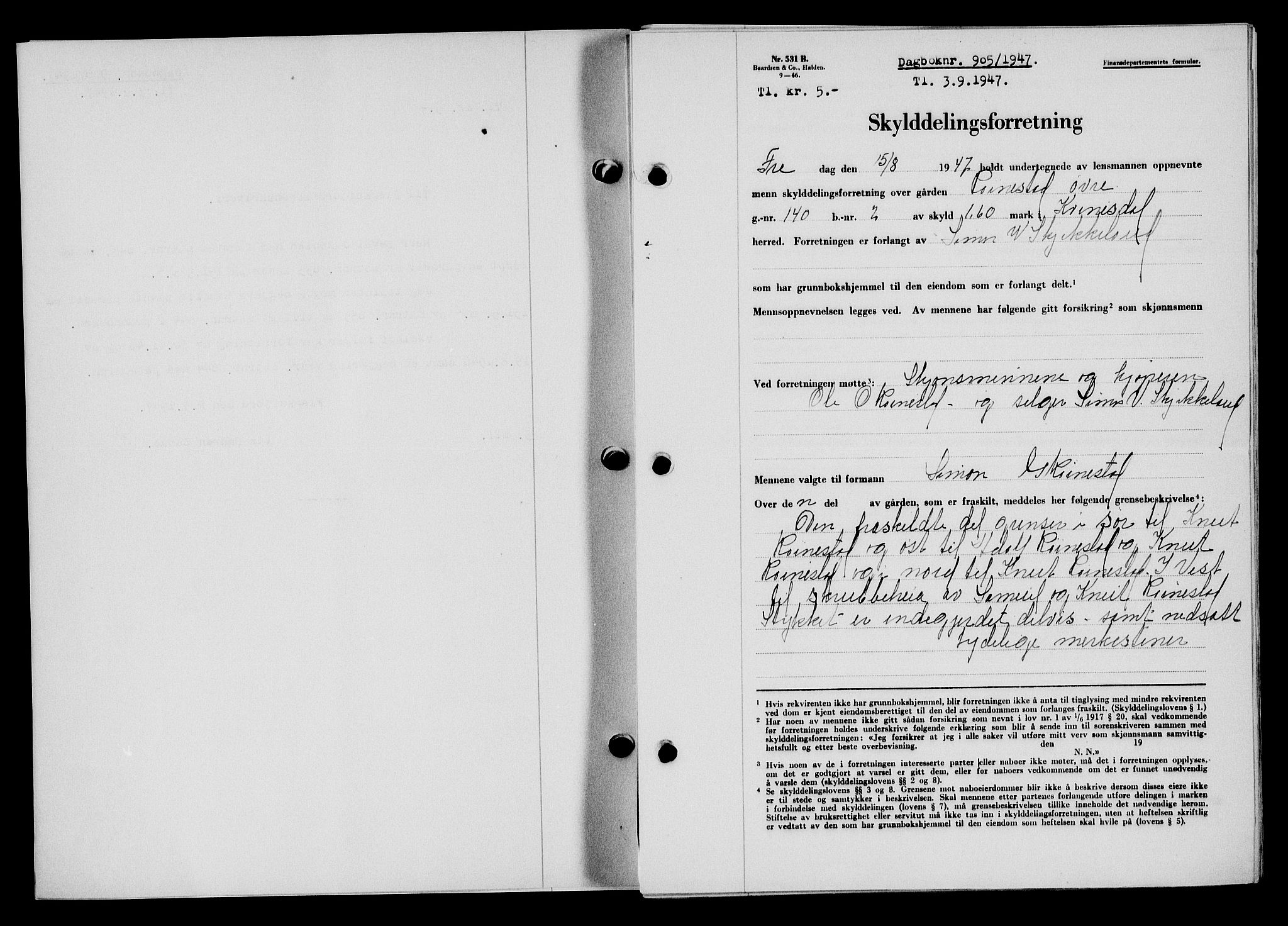Flekkefjord sorenskriveri, SAK/1221-0001/G/Gb/Gba/L0062: Mortgage book no. A-10, 1947-1947, Diary no: : 905/1947