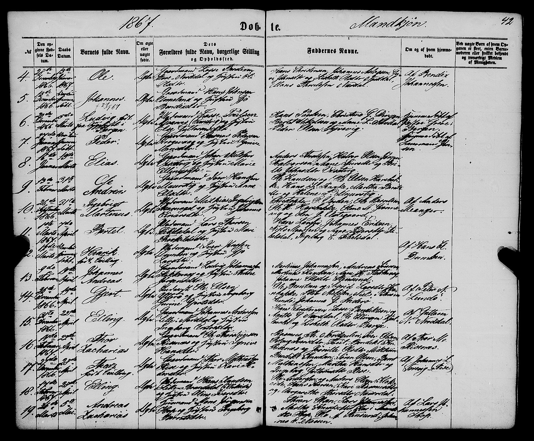 Gulen sokneprestembete, AV/SAB-A-80201/H/Haa/Haaa/L0022: Parish register (official) no. A 22, 1859-1869, p. 42