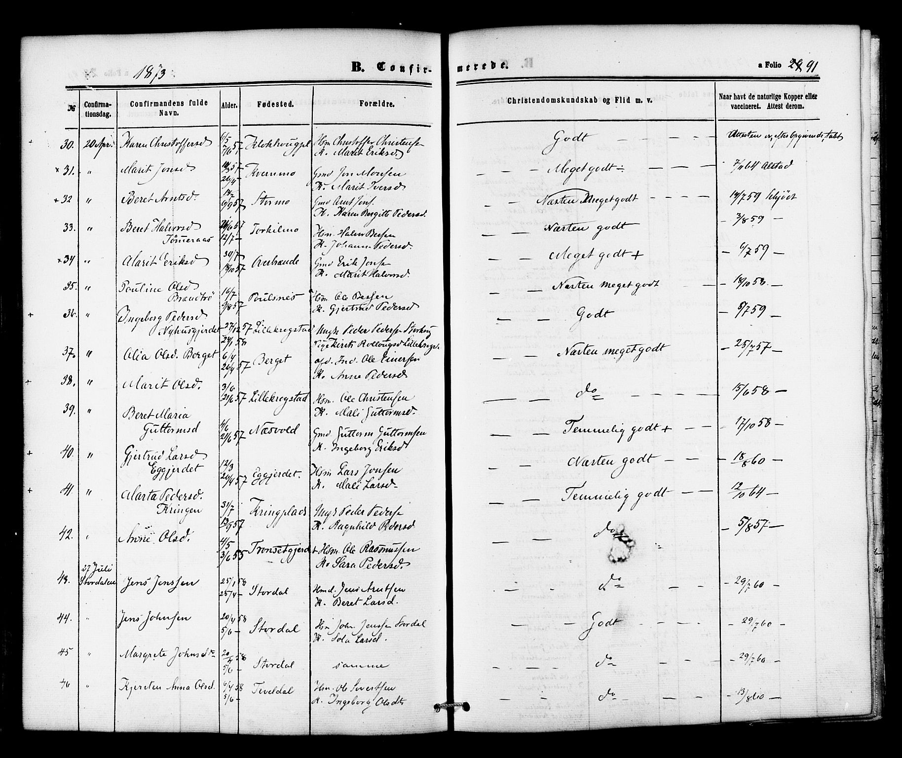 Ministerialprotokoller, klokkerbøker og fødselsregistre - Nord-Trøndelag, SAT/A-1458/706/L0041: Parish register (official) no. 706A02, 1862-1877, p. 91