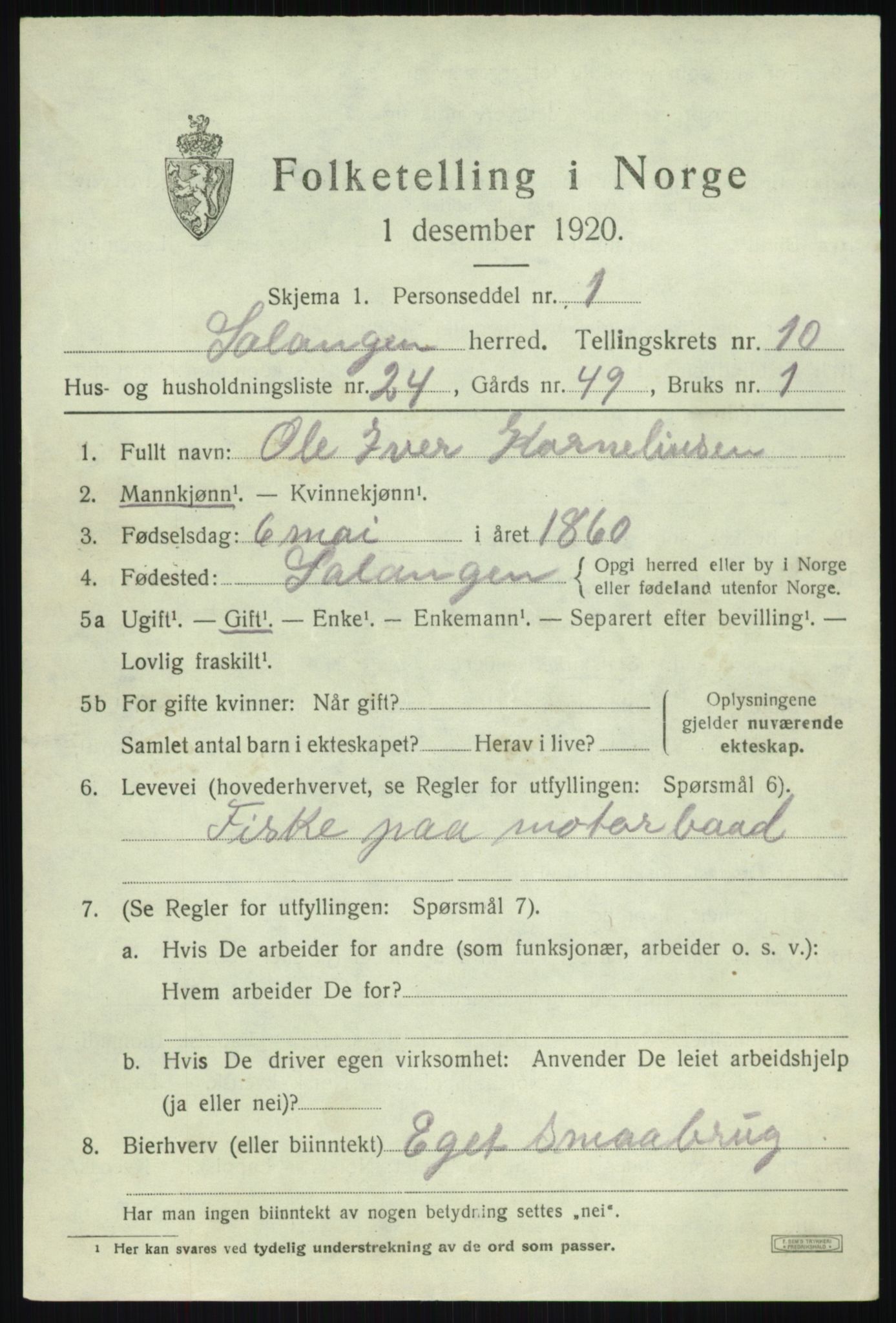SATØ, 1920 census for Salangen, 1920, p. 6538