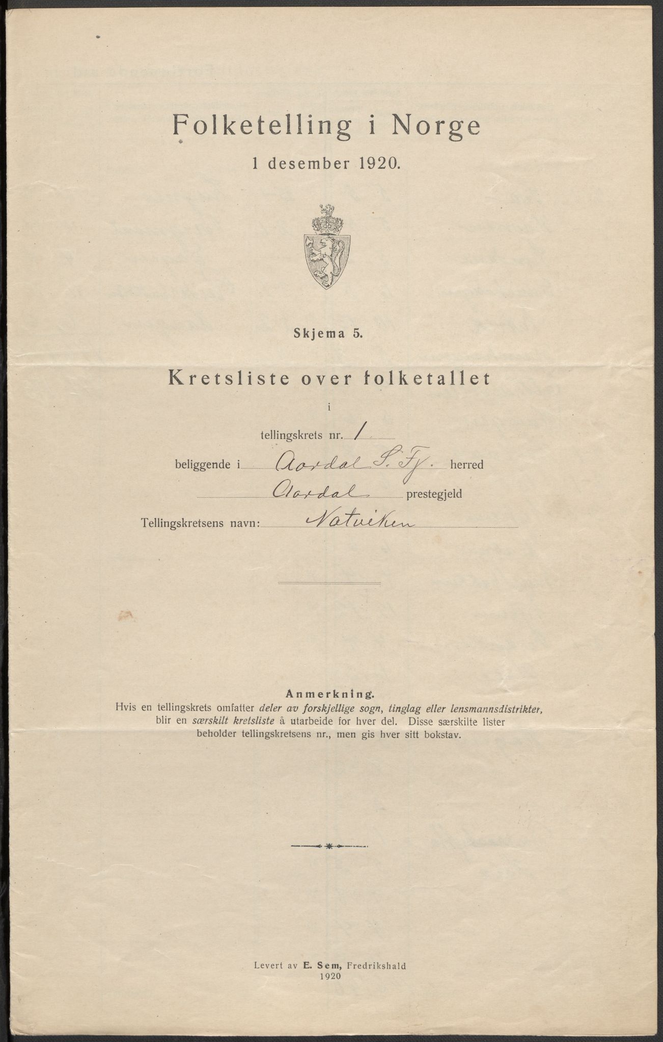 SAB, 1920 census for Årdal, 1920, p. 6