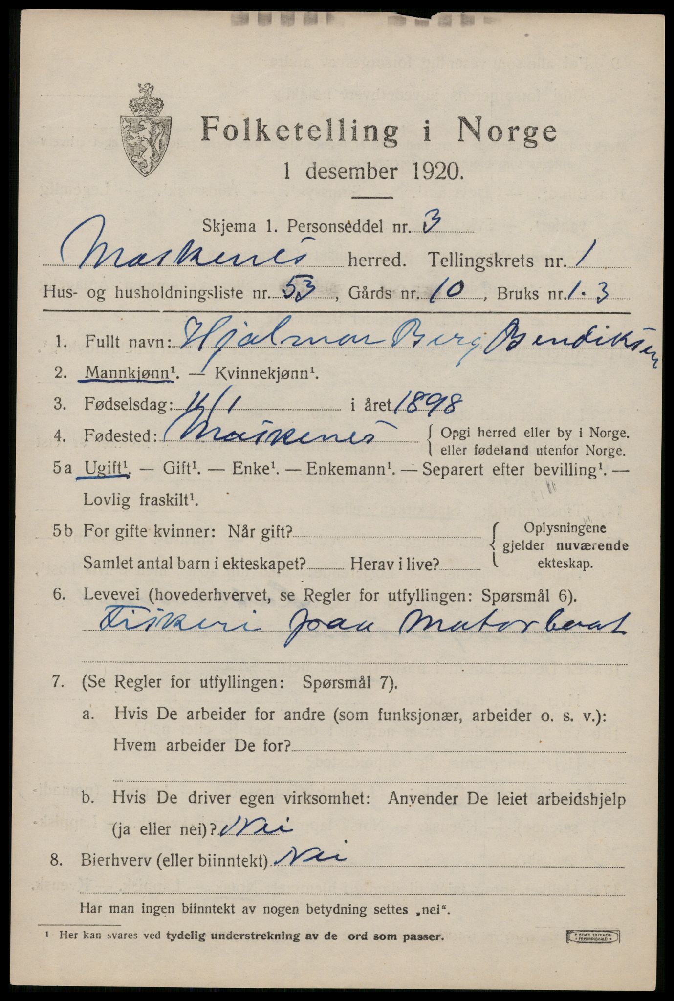 SAT, 1920 census for Moskenes, 1920, p. 1062