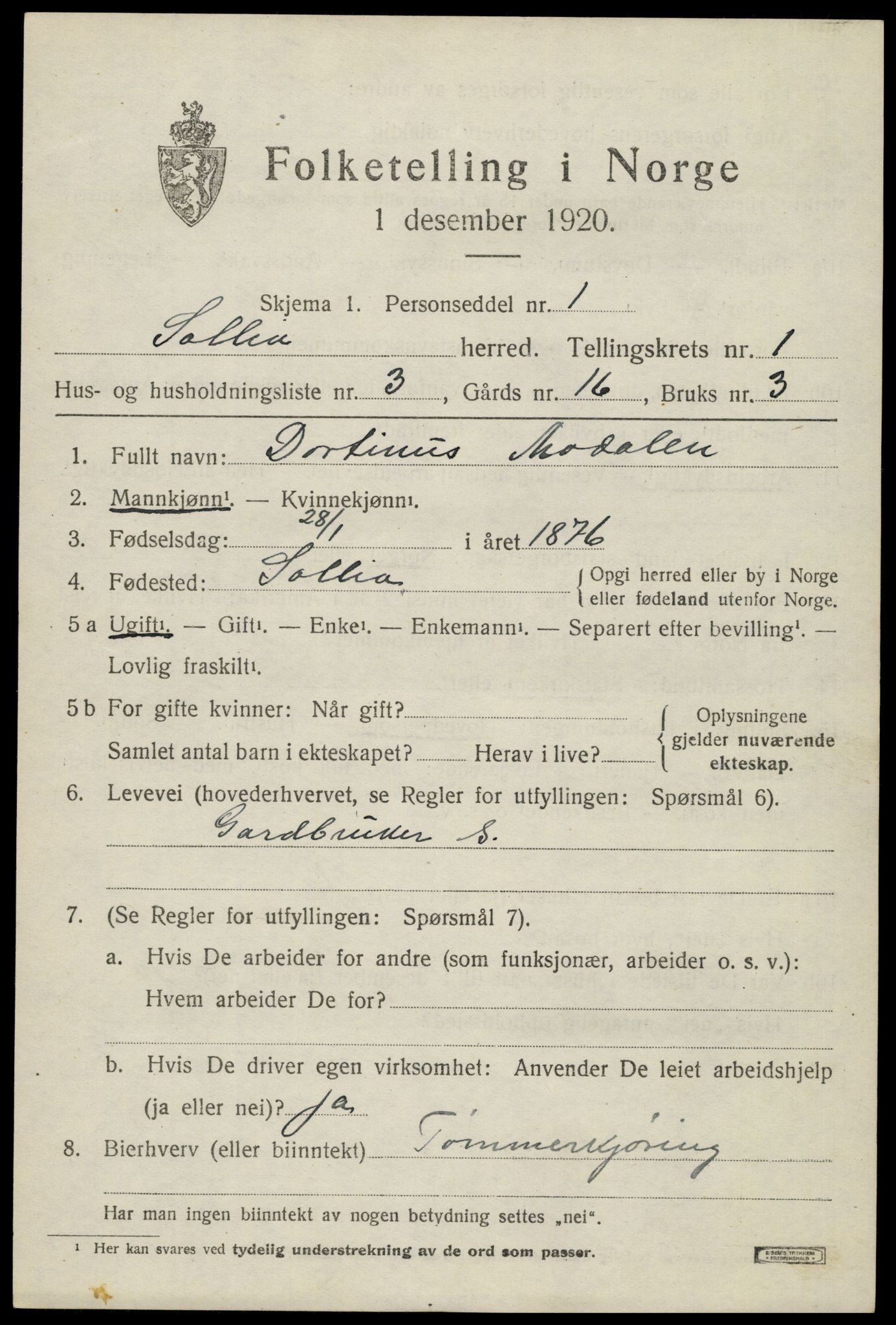 SAH, 1920 census for Sollia, 1920, p. 211