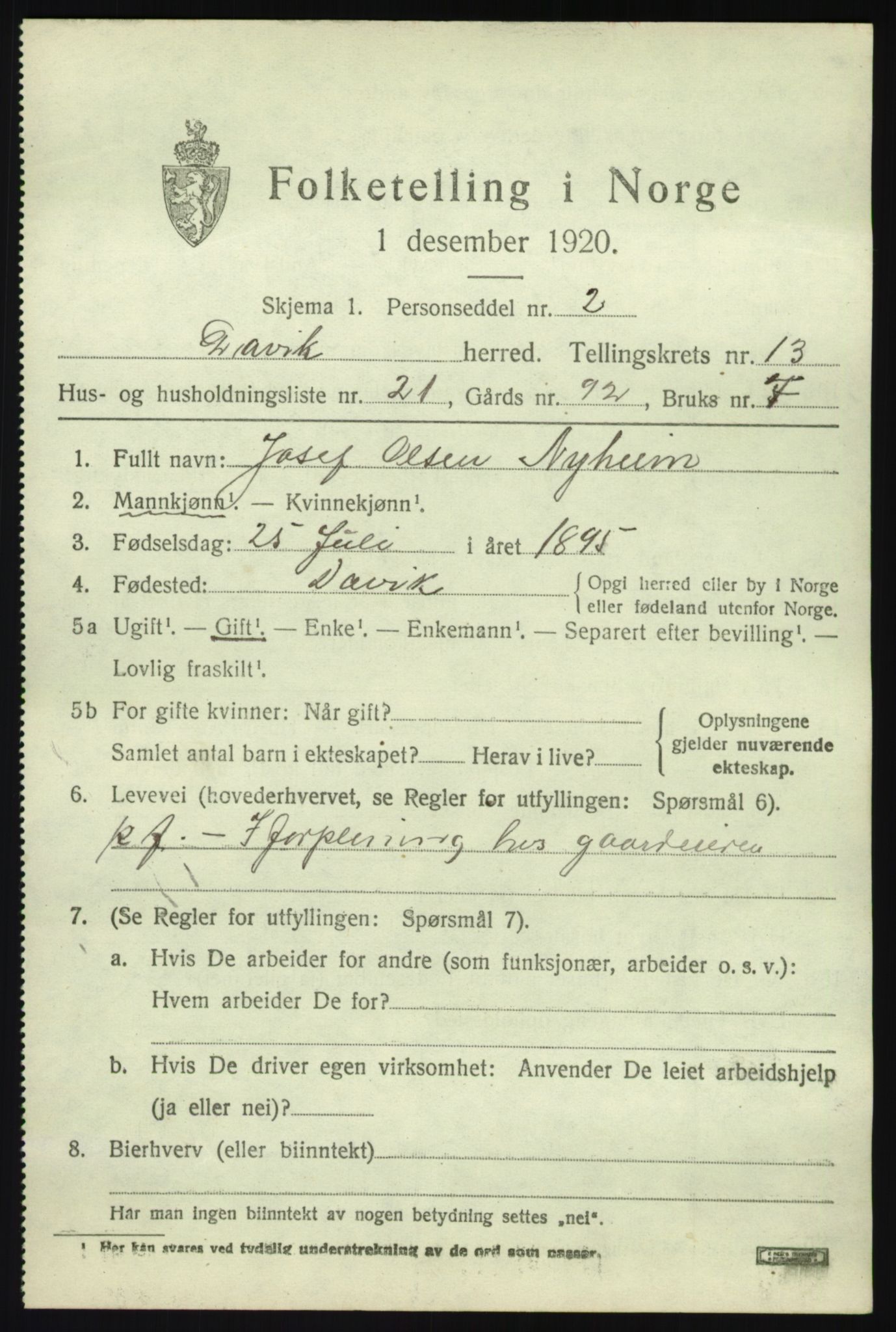 SAB, 1920 census for Davik, 1920, p. 6359