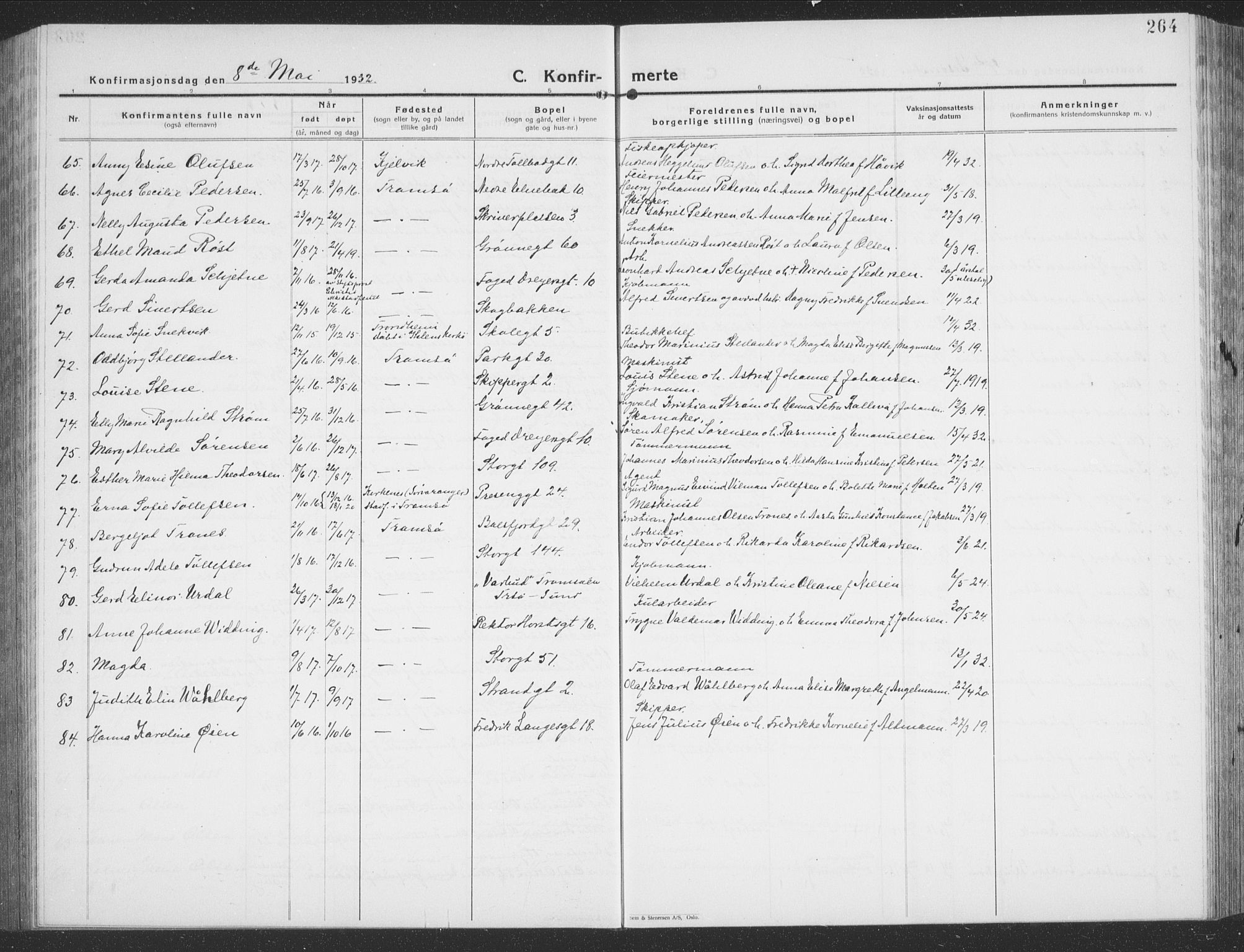 Tromsø sokneprestkontor/stiftsprosti/domprosti, AV/SATØ-S-1343/G/Gb/L0010klokker: Parish register (copy) no. 10, 1925-1937, p. 264
