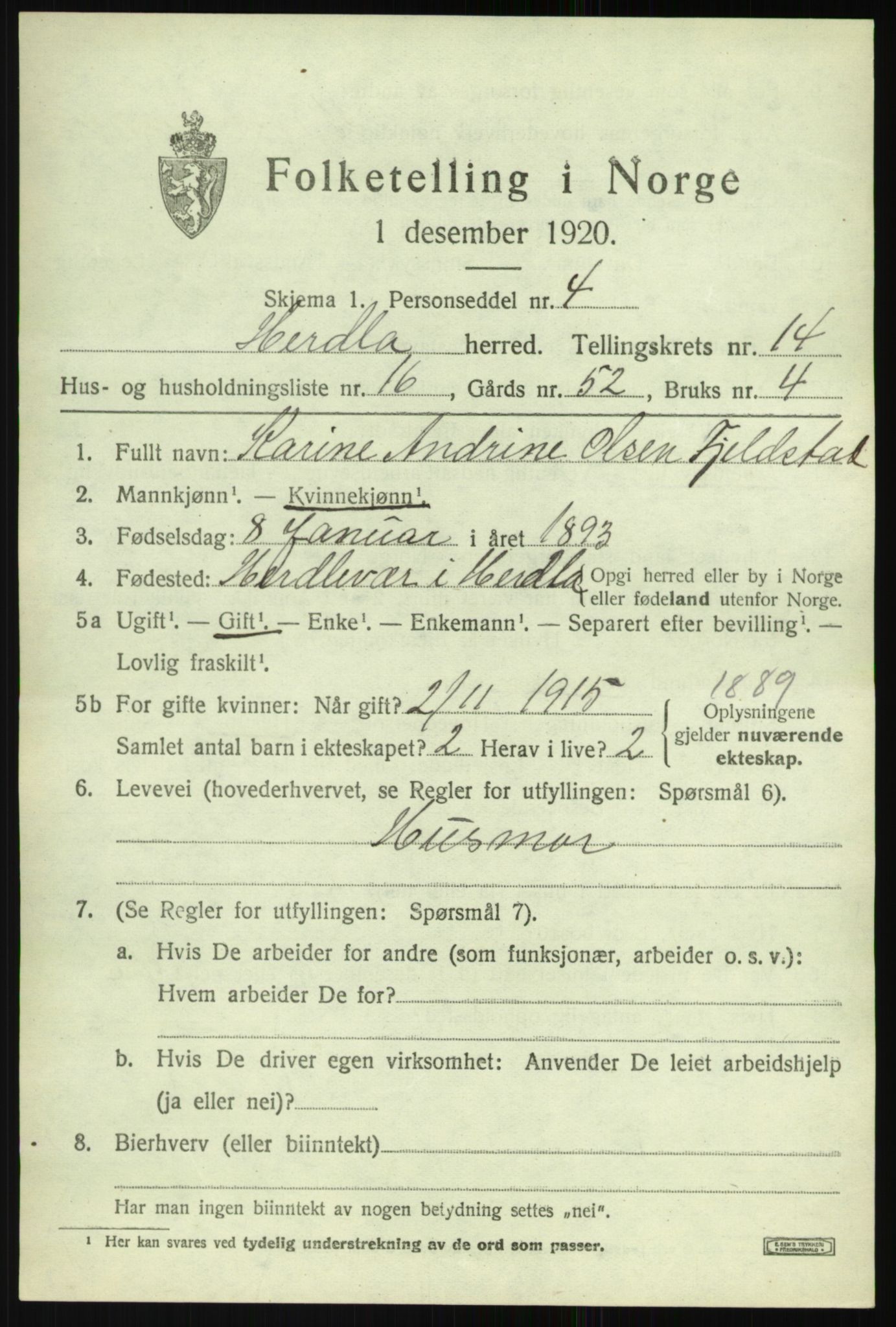 SAB, 1920 census for Herdla, 1920, p. 9891