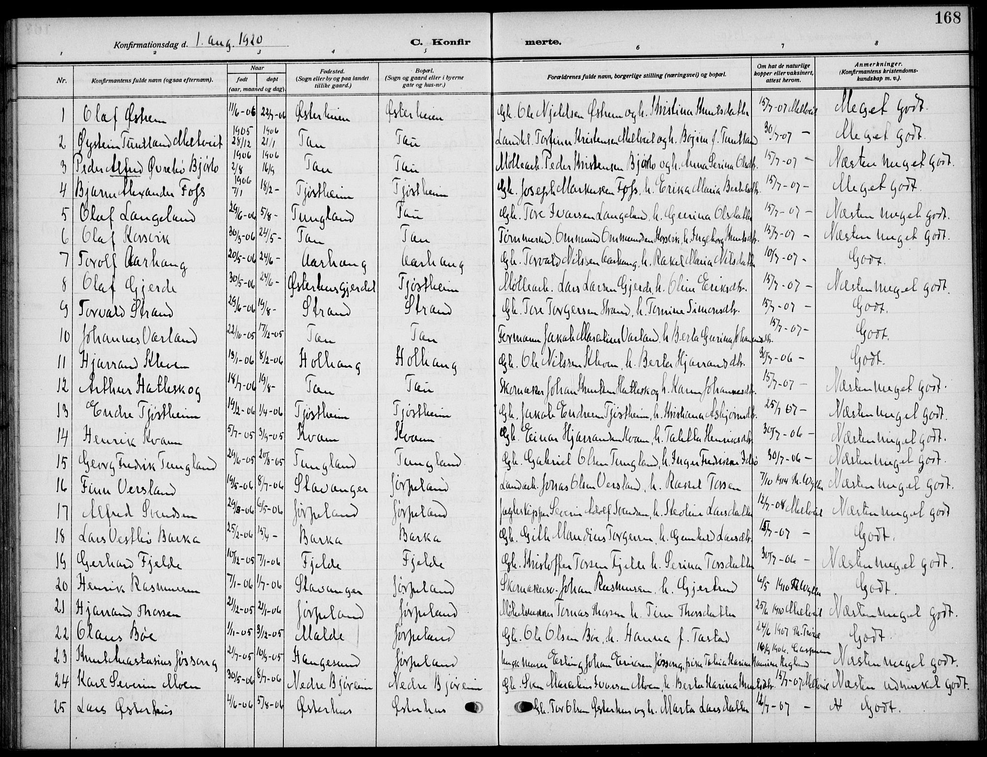Strand sokneprestkontor, SAST/A-101828/H/Ha/Haa/L0011: Parish register (official) no. A 11, 1908-1930, p. 168
