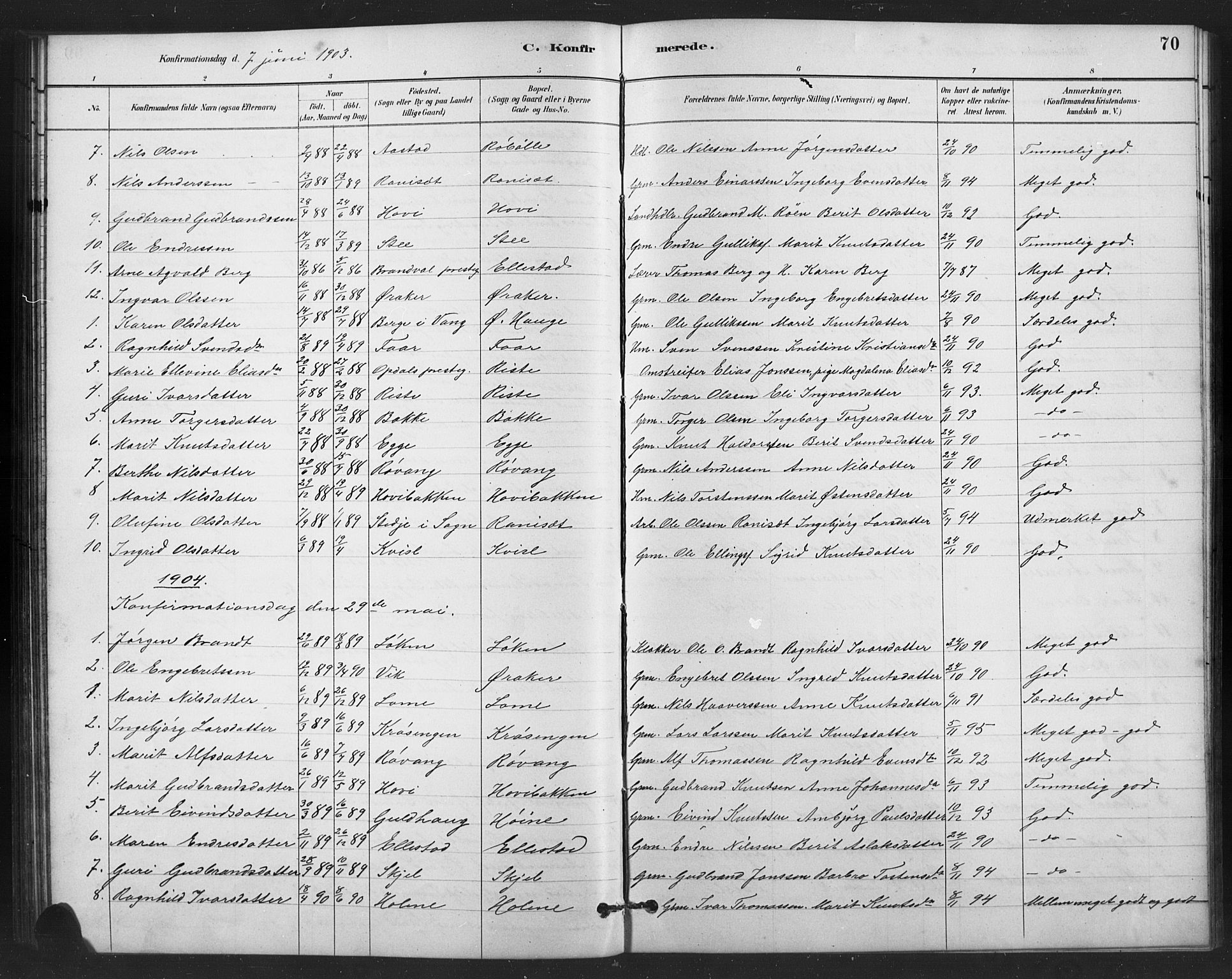 Vestre Slidre prestekontor, SAH/PREST-136/H/Ha/Hab/L0006: Parish register (copy) no. 6, 1881-1915, p. 70