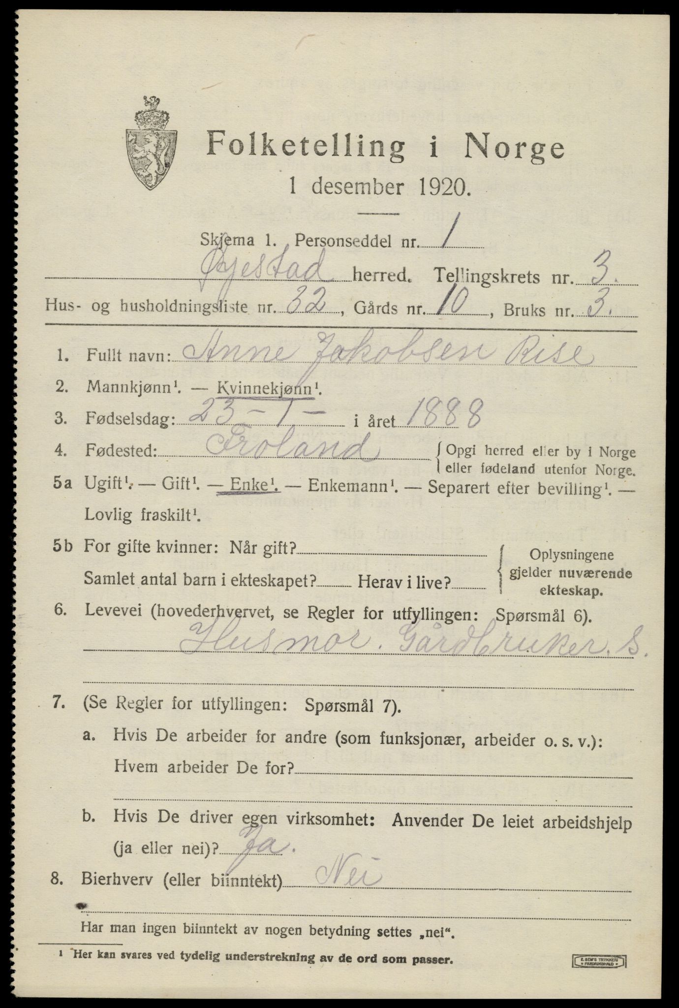 SAK, 1920 census for Øyestad, 1920, p. 3016