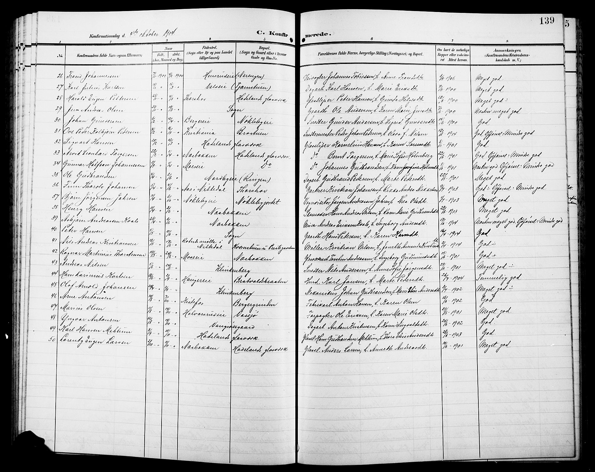 Jevnaker prestekontor, SAH/PREST-116/H/Ha/Hab/L0004: Parish register (copy) no. 4, 1907-1918, p. 139