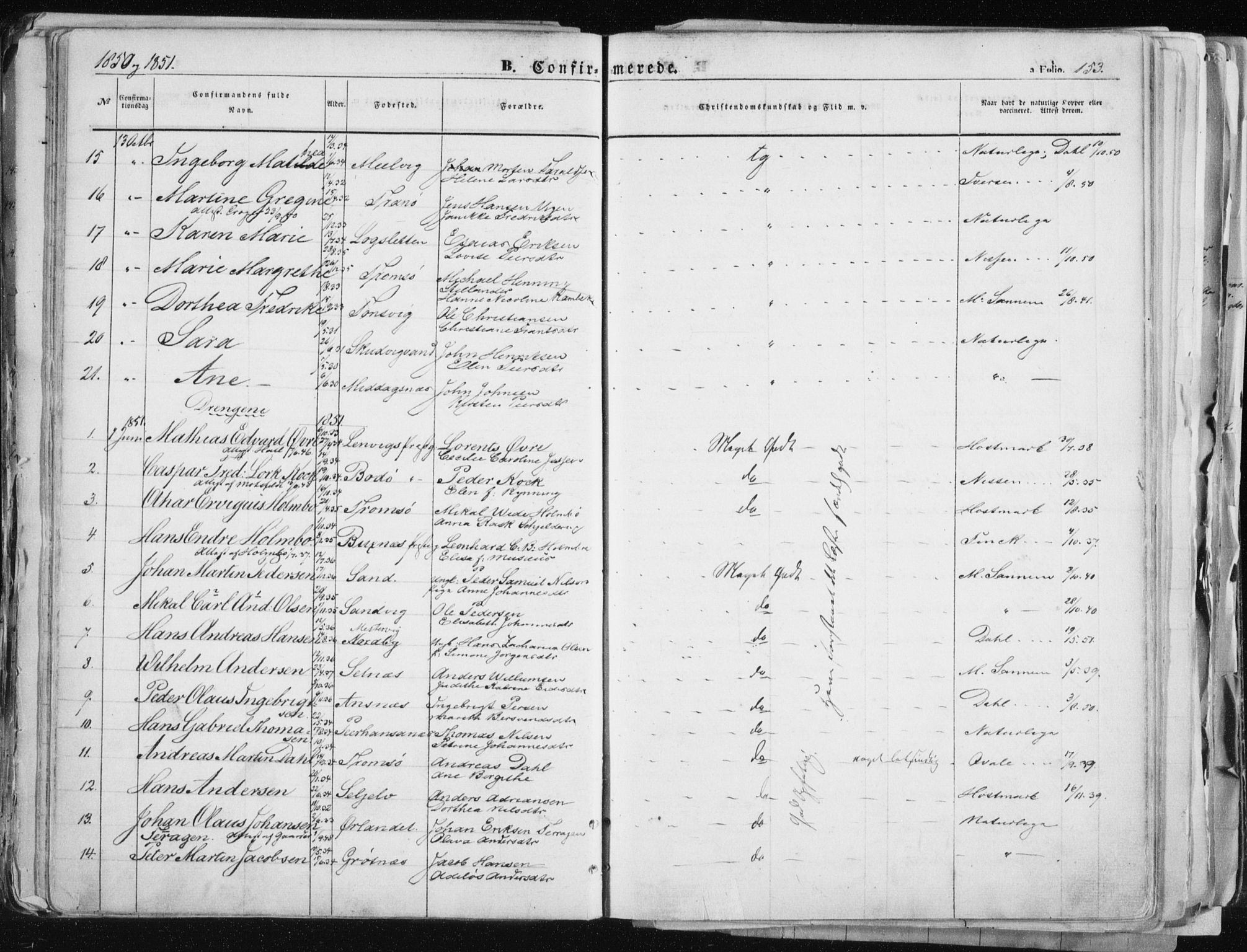 Tromsø sokneprestkontor/stiftsprosti/domprosti, AV/SATØ-S-1343/G/Ga/L0010kirke: Parish register (official) no. 10, 1848-1855, p. 153