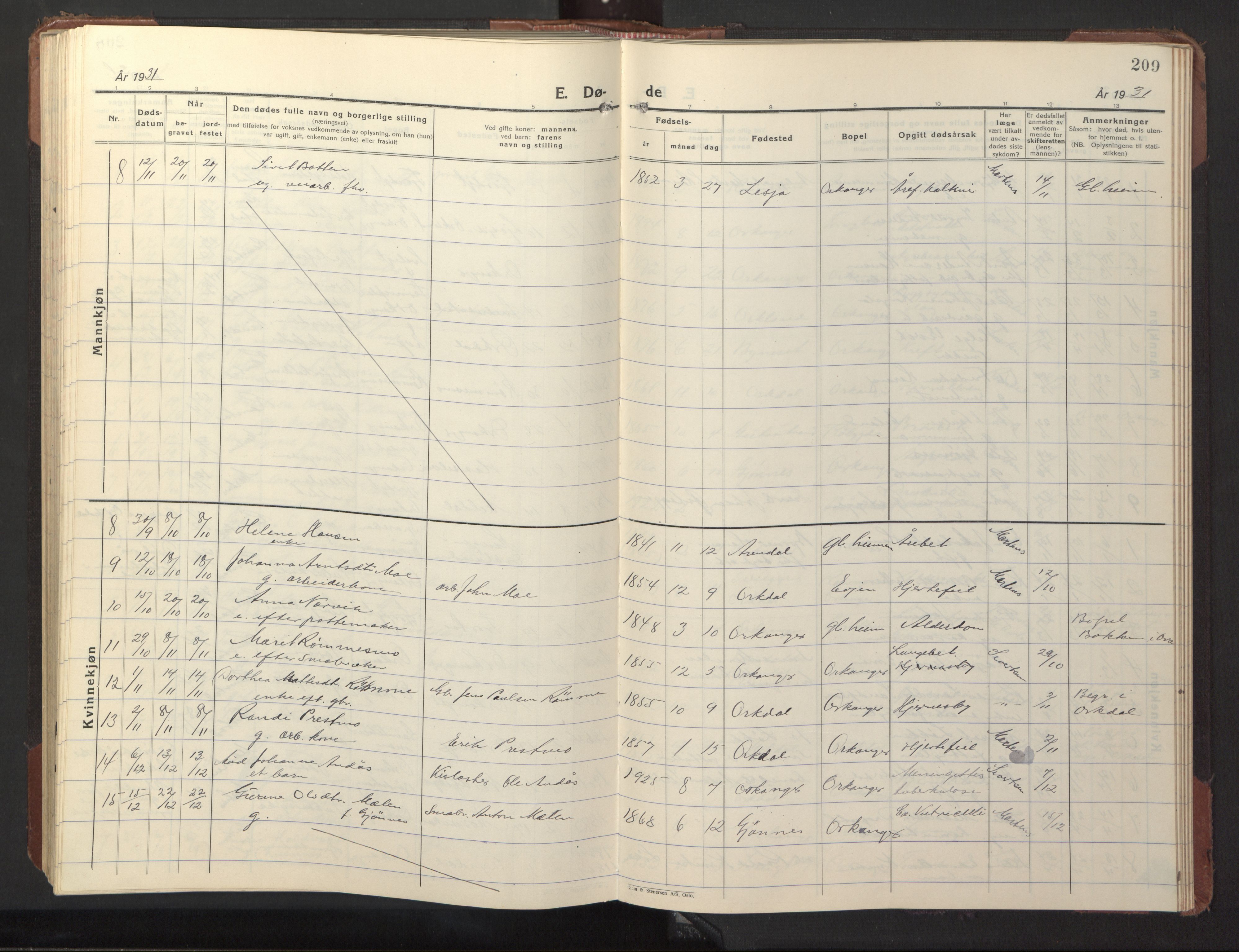 Ministerialprotokoller, klokkerbøker og fødselsregistre - Sør-Trøndelag, SAT/A-1456/669/L0832: Parish register (copy) no. 669C02, 1925-1953, p. 209