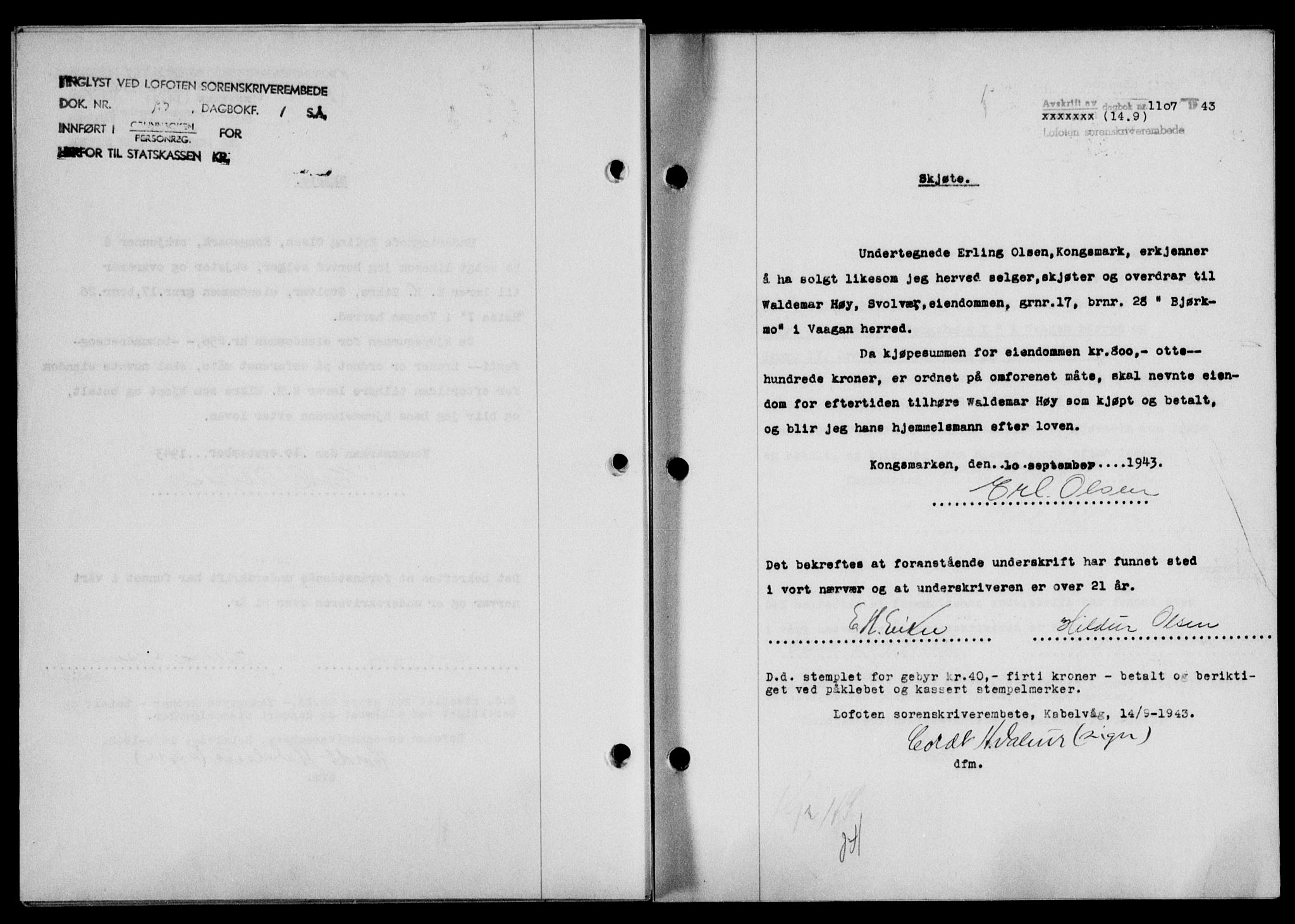 Lofoten sorenskriveri, SAT/A-0017/1/2/2C/L0011a: Mortgage book no. 11a, 1943-1943, Diary no: : 1107/1943