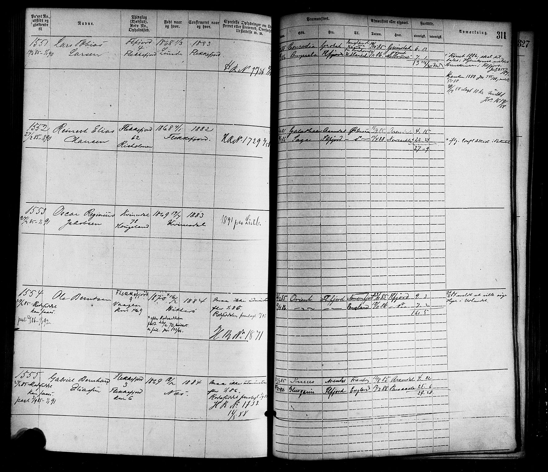 Flekkefjord mønstringskrets, SAK/2031-0018/F/Fa/L0002: Annotasjonsrulle nr 1-1920 med register, N-2, 1870-1891, p. 341