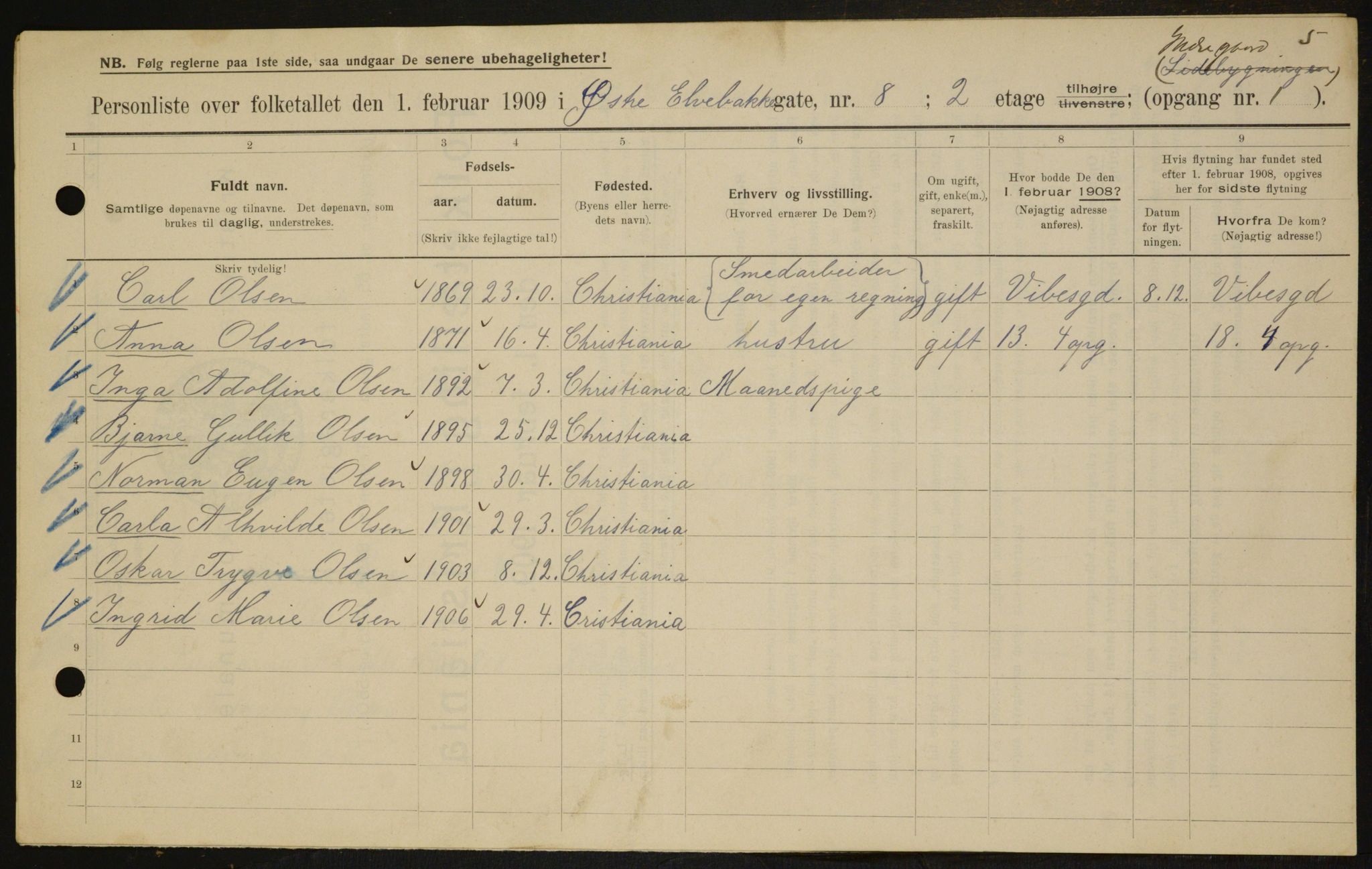 OBA, Municipal Census 1909 for Kristiania, 1909, p. 117492