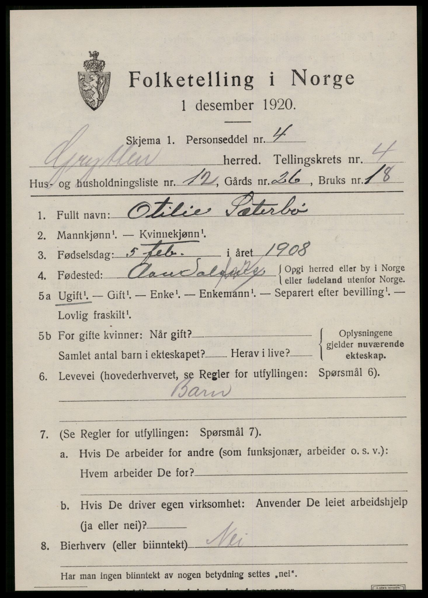 SAT, 1920 census for Grytten, 1920, p. 2794