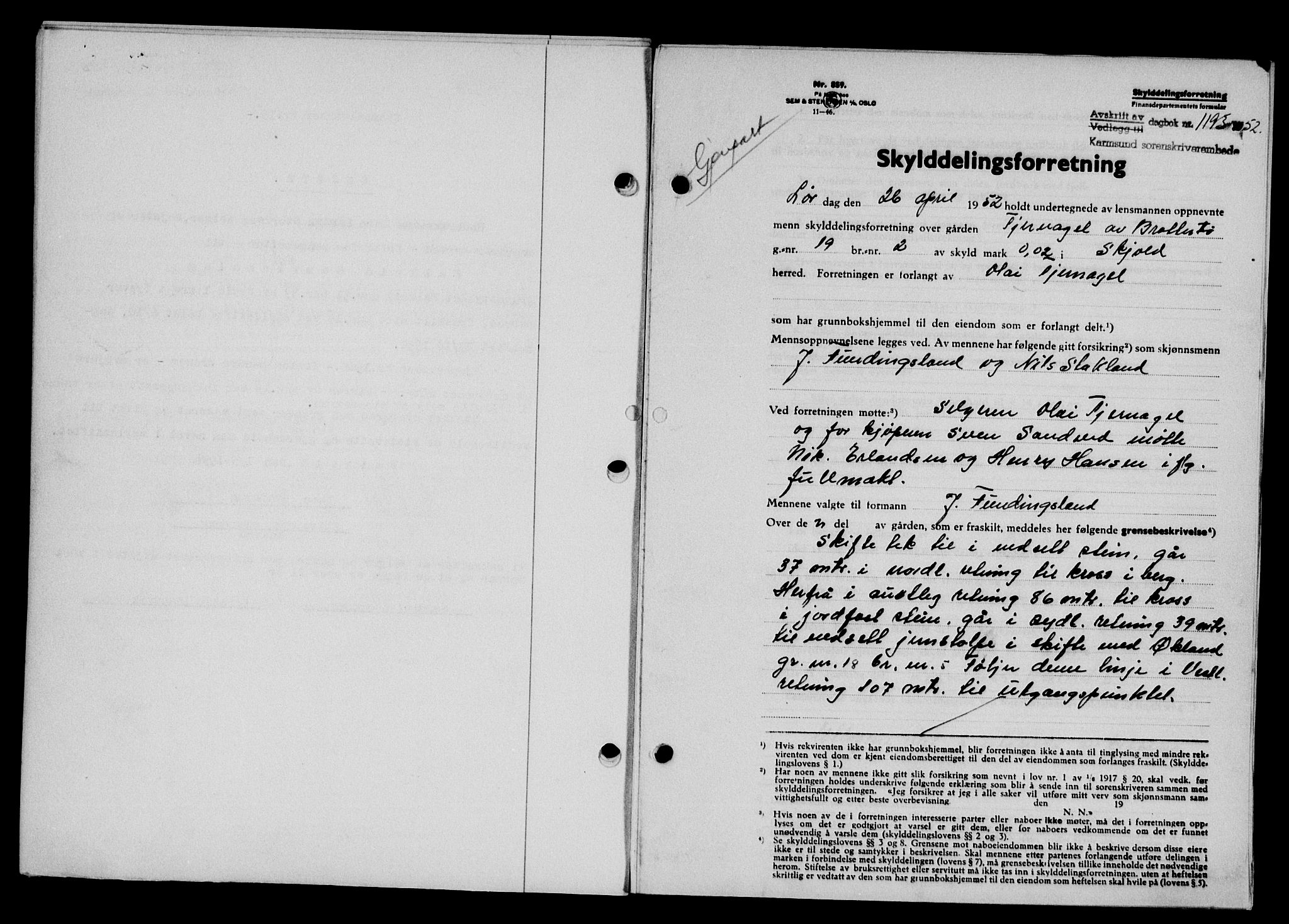 Karmsund sorenskriveri, SAST/A-100311/01/II/IIB/L0105: Mortgage book no. 85A, 1952-1952, Diary no: : 1193/1952