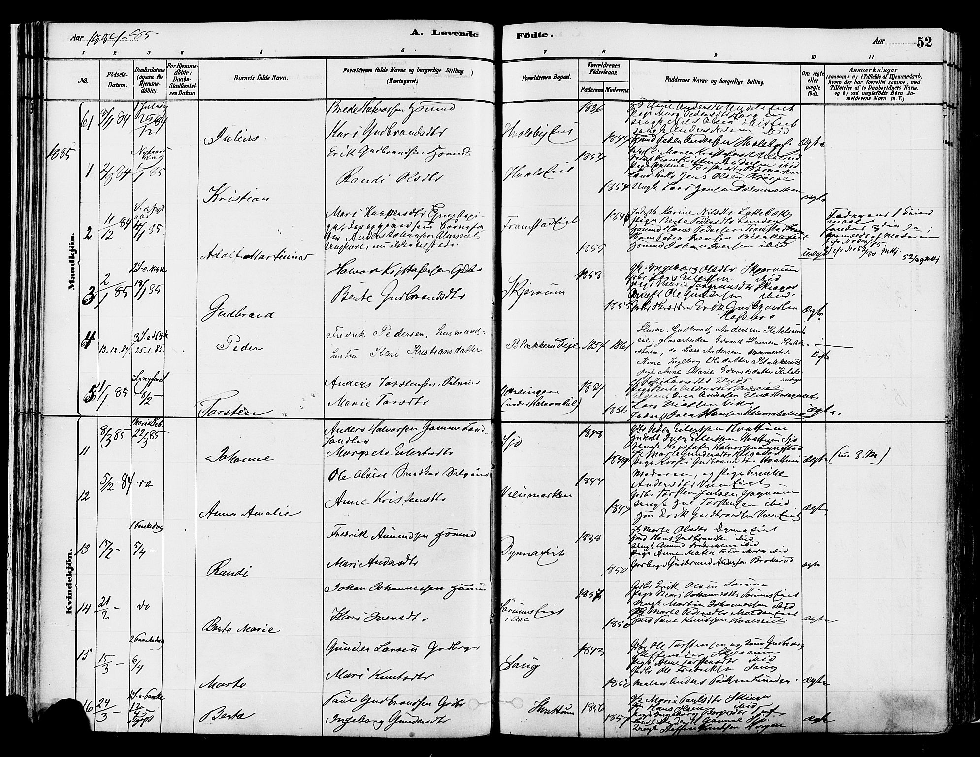 Gran prestekontor, AV/SAH-PREST-112/H/Ha/Haa/L0014: Parish register (official) no. 14, 1880-1889, p. 52