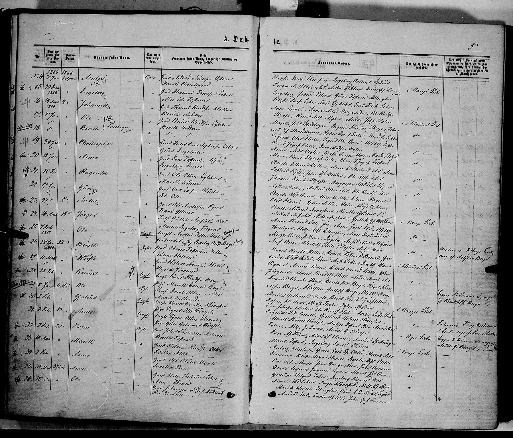 Vang prestekontor, Valdres, SAH/PREST-140/H/Ha/L0007: Parish register (official) no. 7, 1865-1881, p. 5