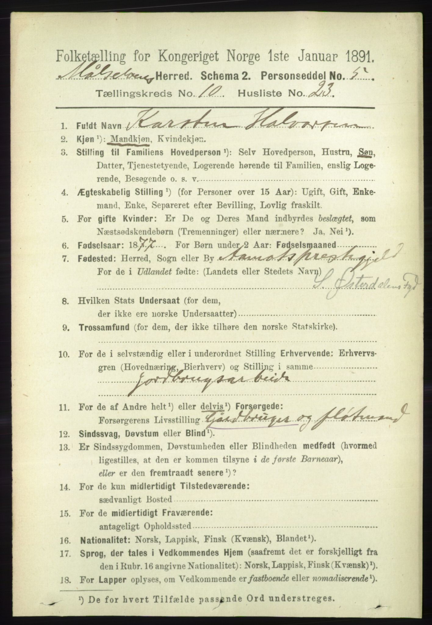 RA, 1891 census for 1924 Målselv, 1891, p. 3175