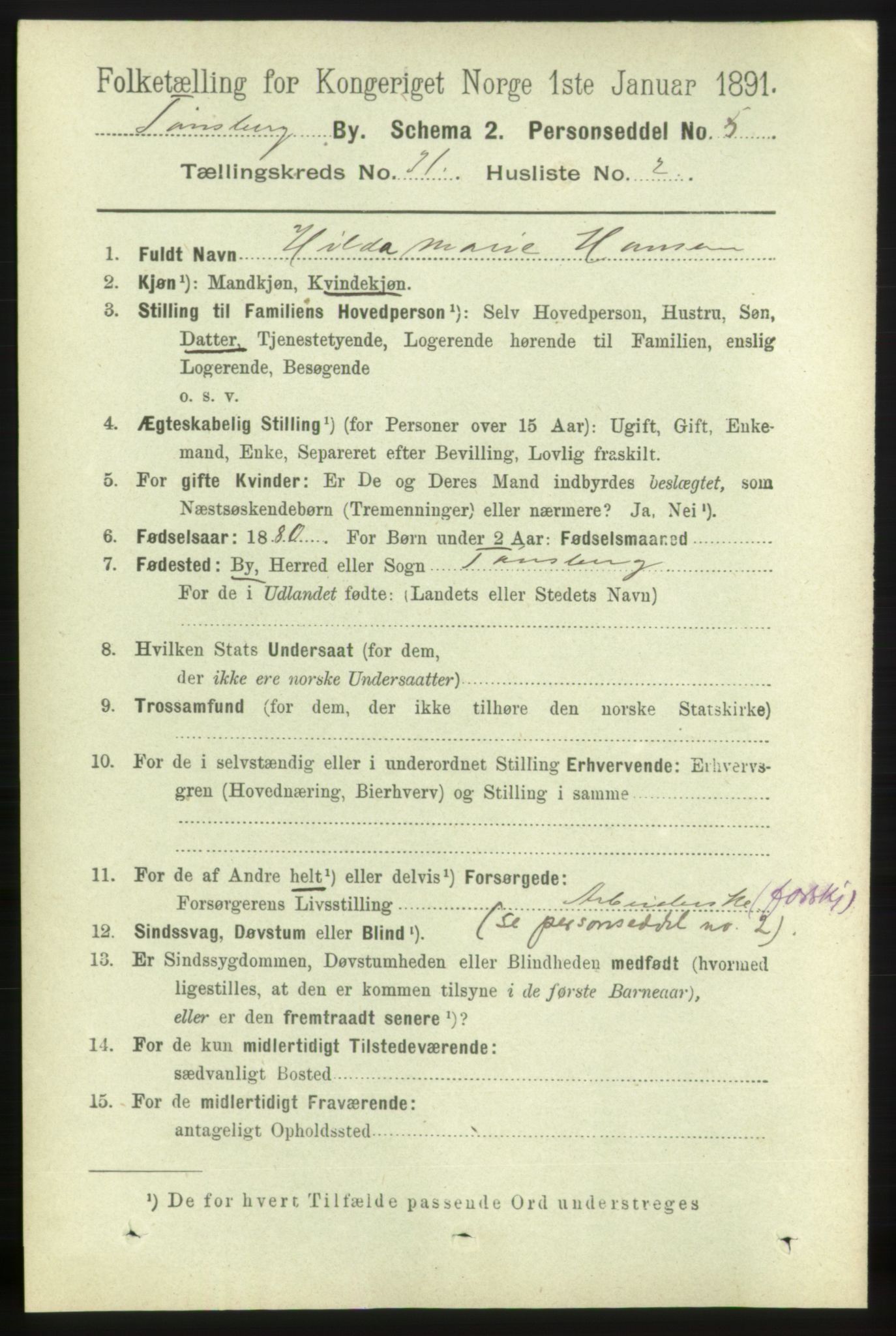 RA, 1891 census for 0705 Tønsberg, 1891, p. 7389