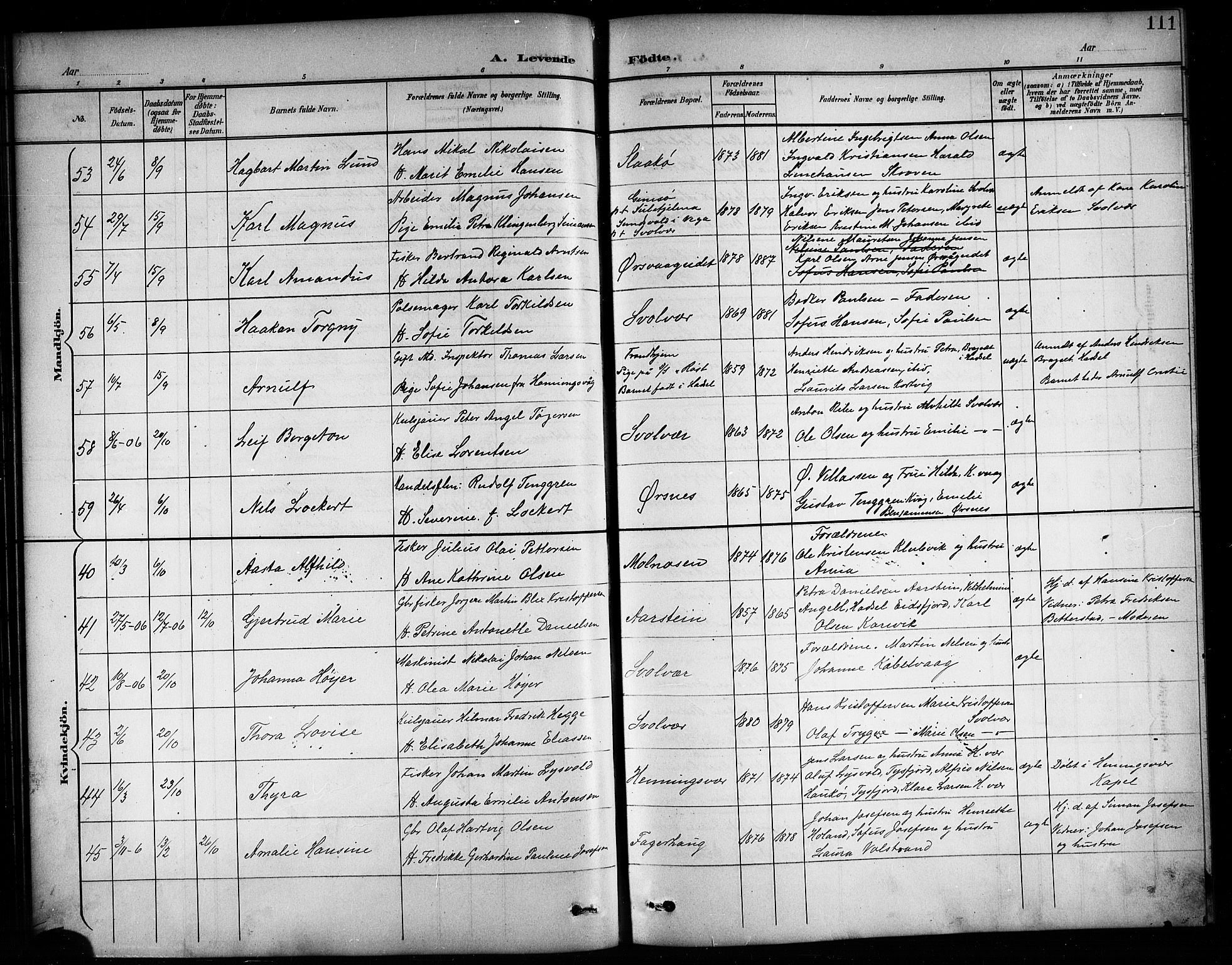 Ministerialprotokoller, klokkerbøker og fødselsregistre - Nordland, AV/SAT-A-1459/874/L1078: Parish register (copy) no. 874C07, 1900-1907, p. 111