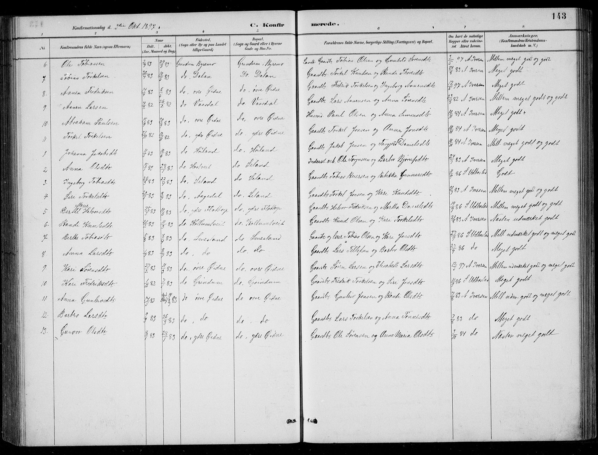 Bjelland sokneprestkontor, SAK/1111-0005/F/Fb/Fbc/L0003: Parish register (copy) no. B 3, 1887-1924, p. 143