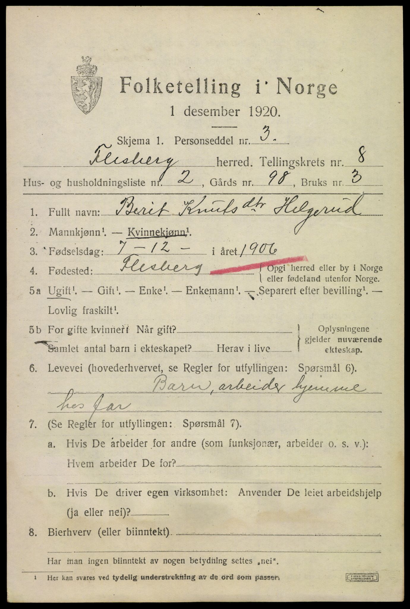 SAKO, 1920 census for Flesberg, 1920, p. 3071