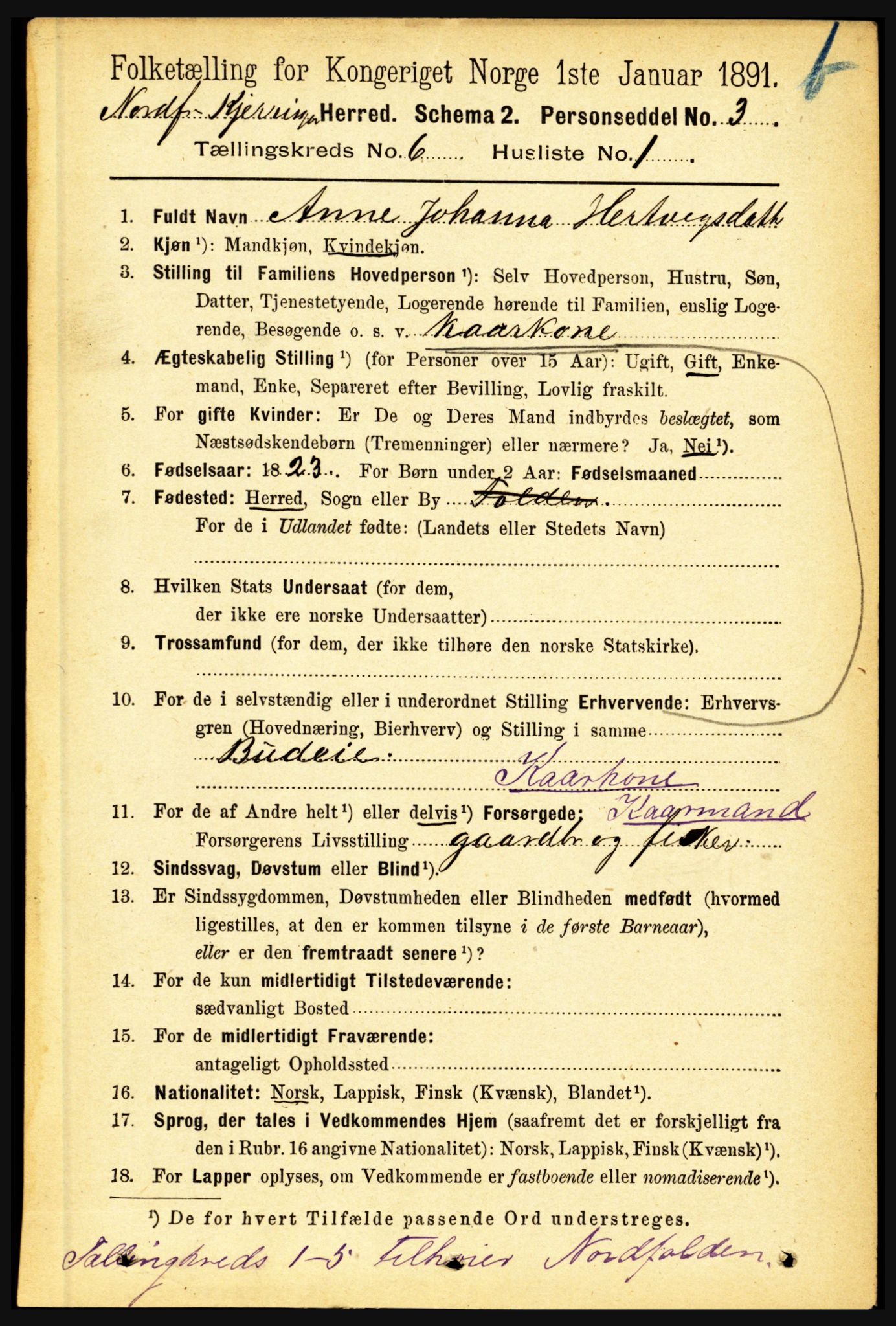 RA, 1891 census for 1846 Nordfold-Kjerringøy, 1891, p. 1411