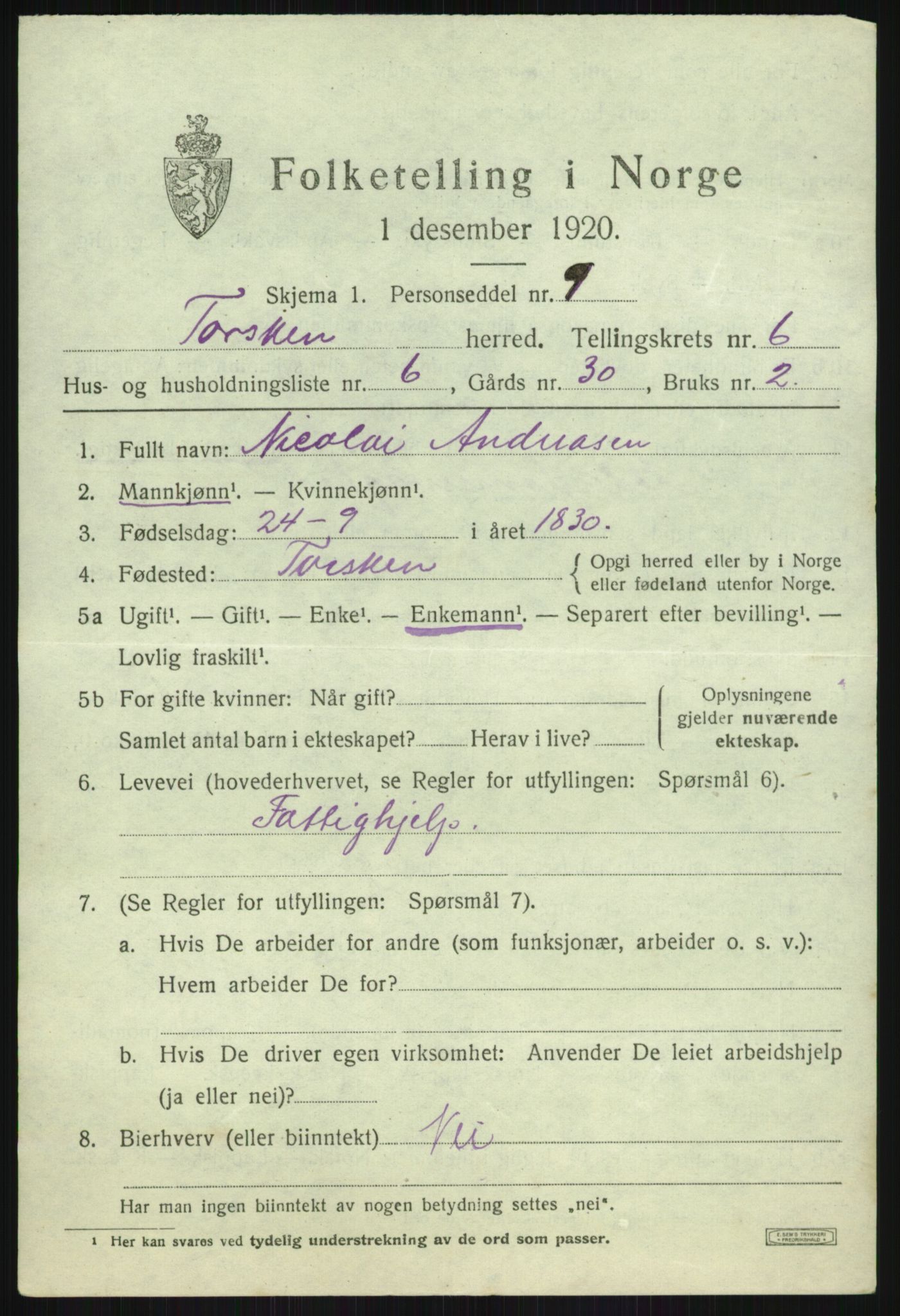 SATØ, 1920 census for Torsken, 1920, p. 2461