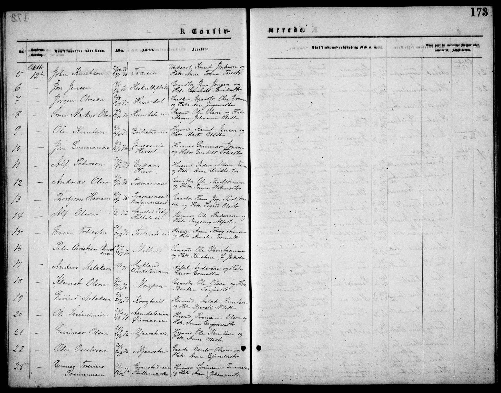 Froland sokneprestkontor, SAK/1111-0013/F/Fb/L0009: Parish register (copy) no. B 9, 1875-1893, p. 173
