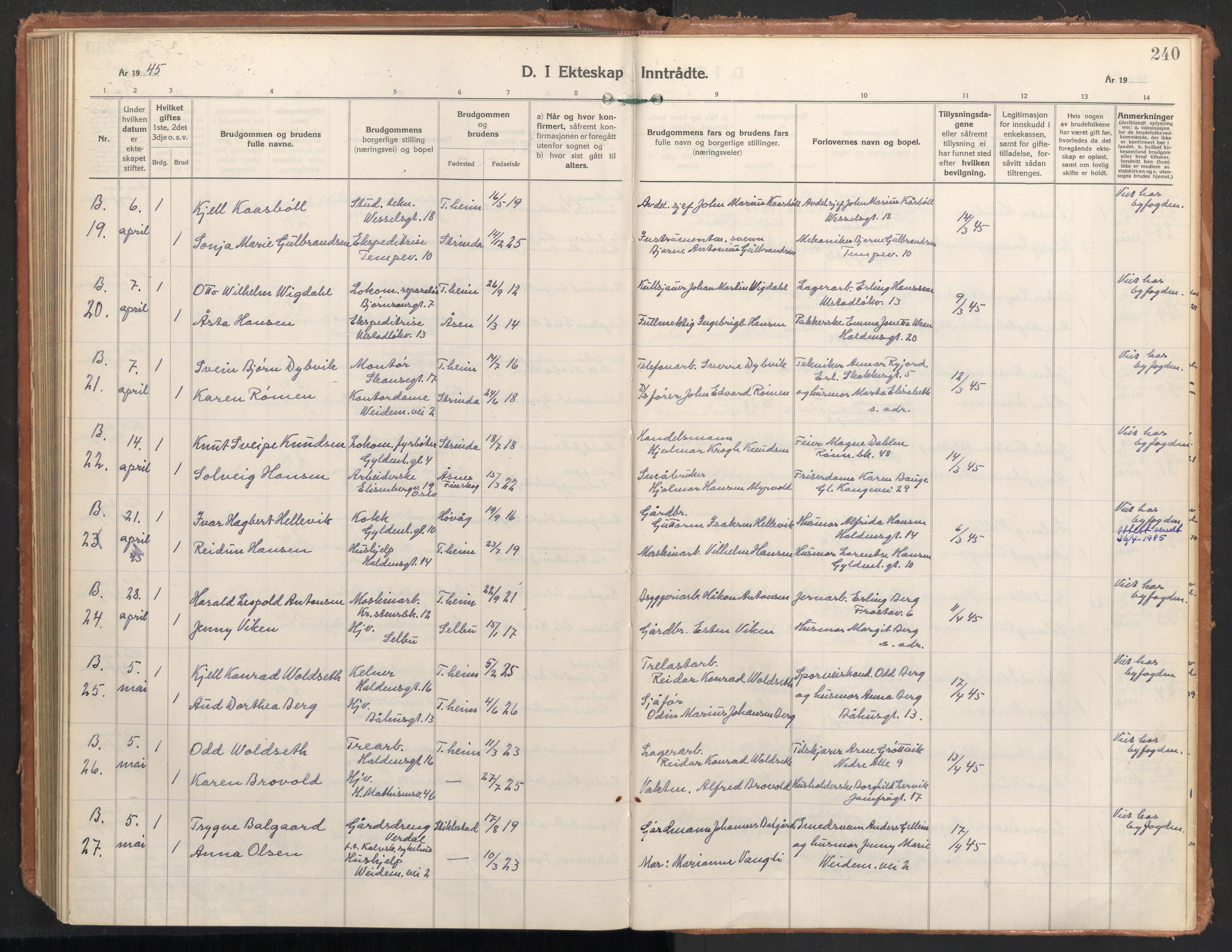 Ministerialprotokoller, klokkerbøker og fødselsregistre - Sør-Trøndelag, AV/SAT-A-1456/604/L0209: Parish register (official) no. 604A29, 1931-1945, p. 240