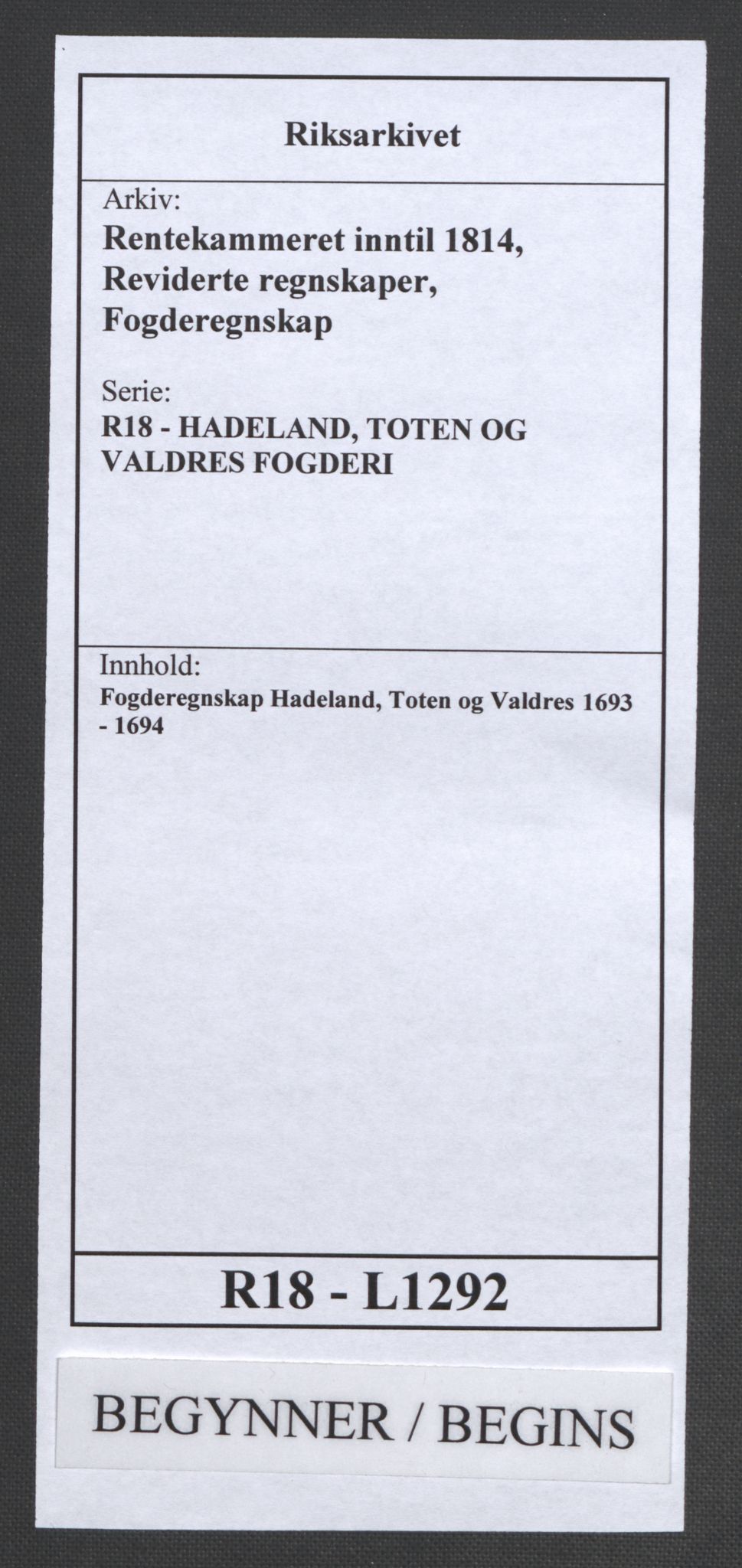 Rentekammeret inntil 1814, Reviderte regnskaper, Fogderegnskap, RA/EA-4092/R18/L1292: Fogderegnskap Hadeland, Toten og Valdres, 1693-1694, p. 1