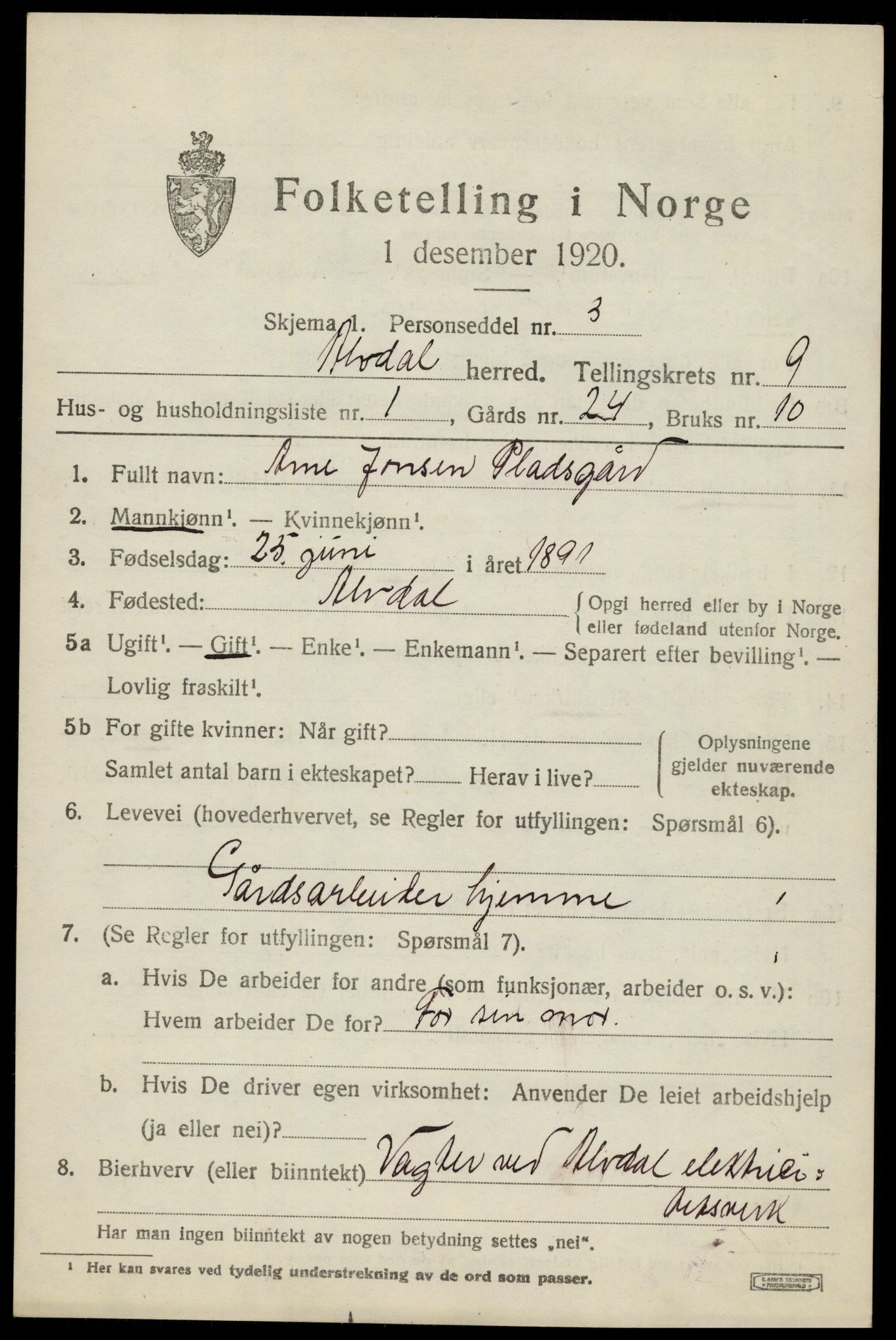 SAH, 1920 census for Alvdal, 1920, p. 4916