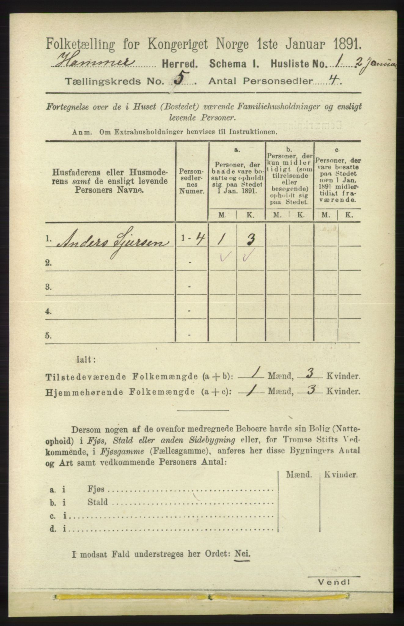 RA, 1891 census for 1254 Hamre, 1891, p. 1173