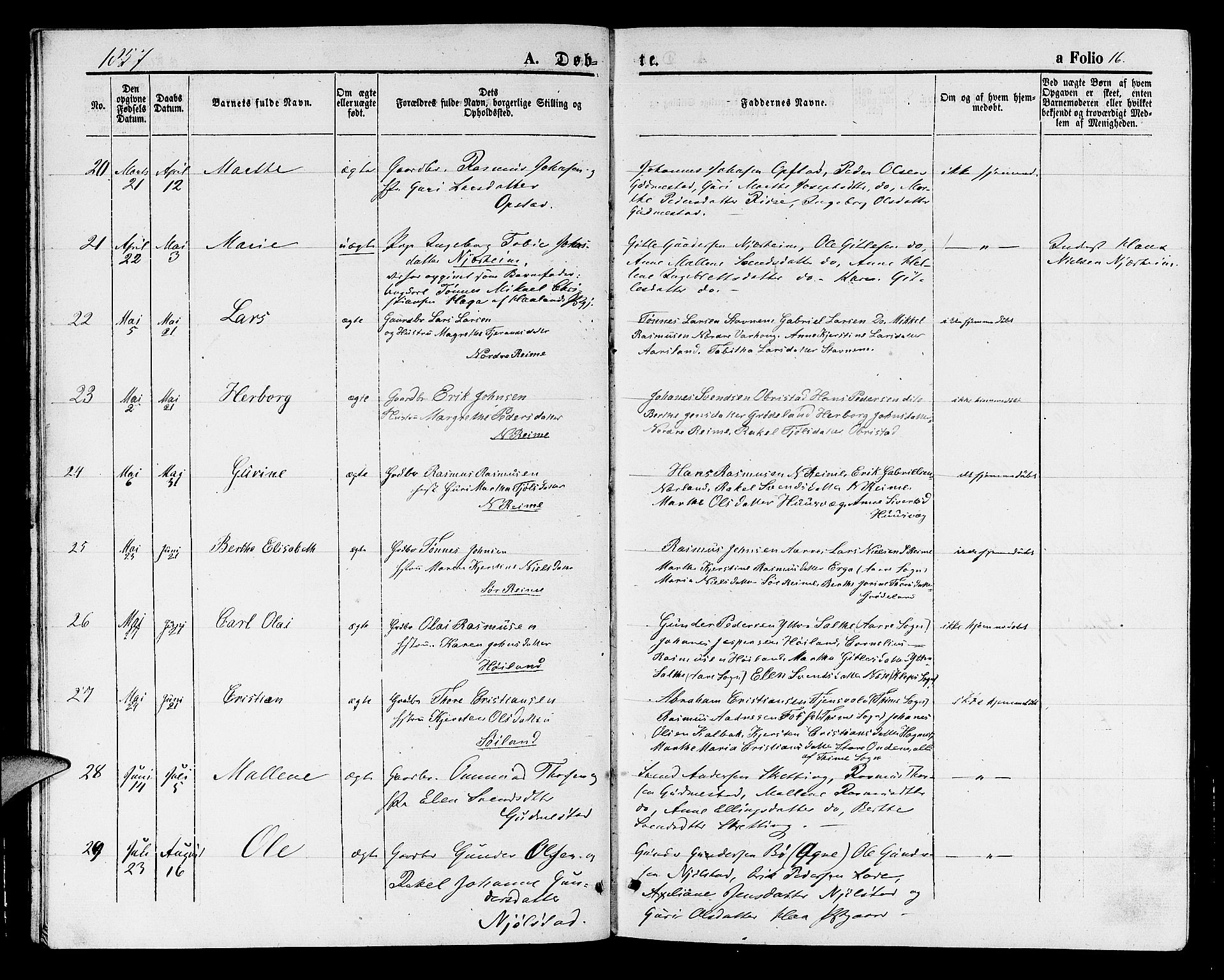 Hå sokneprestkontor, AV/SAST-A-101801/001/30BB/L0001: Parish register (copy) no. B 1, 1854-1883, p. 16