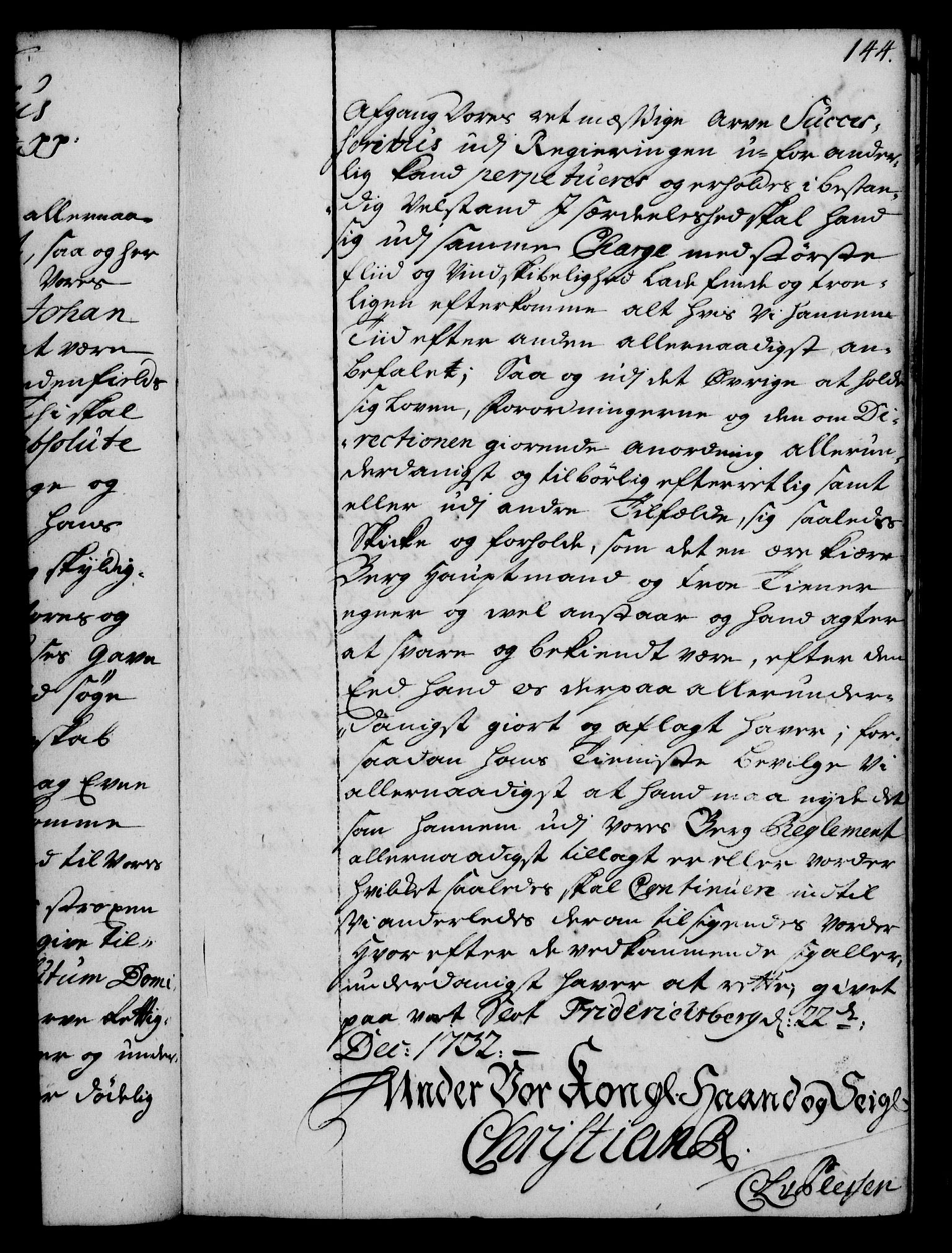 Rentekammeret, Kammerkanselliet, RA/EA-3111/G/Gg/Gge/L0002: Norsk bestallingsprotokoll med register (merket RK 53.26), 1730-1744, p. 144